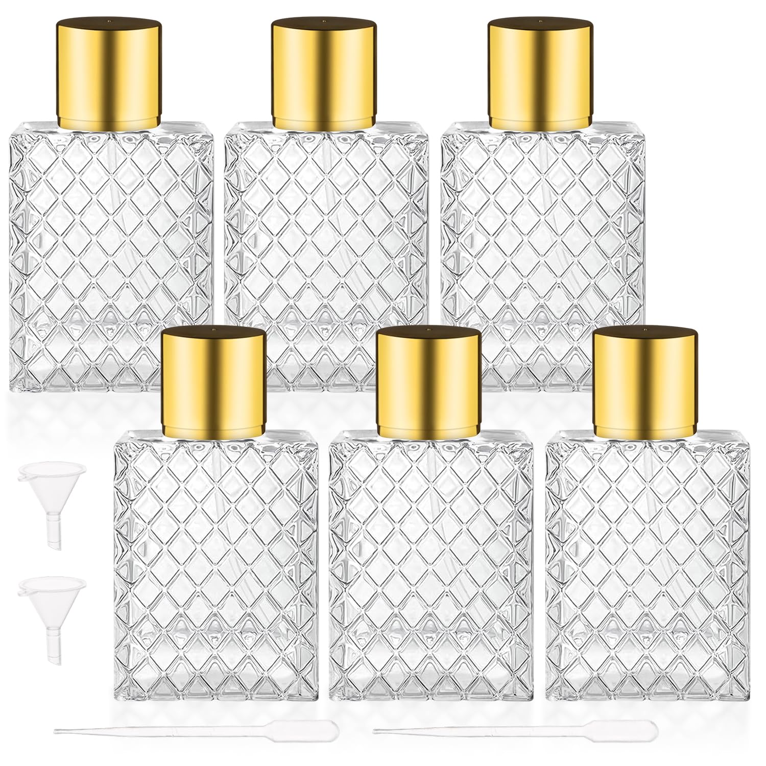 Szklane butelki z rozpylaczem do perfum ze złotą pokrywką, pusta, kwadratowa, drobna mgiełka, do wielokrotnego napełniania, do wody, alkoholu, tonera, olejków eterycznych, 2 pipetek, 2 lejków