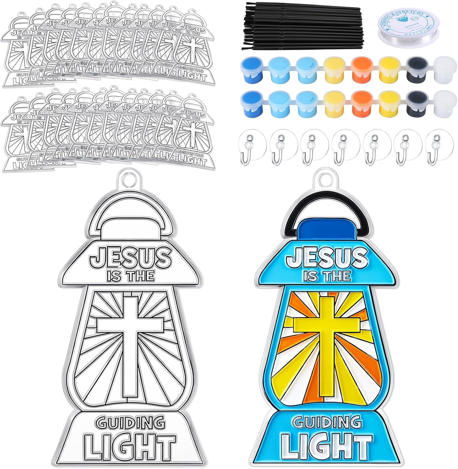 Poen 28 Sets Jesus is The Guiding Light Suncatchers Crafts Kits Religious Window Paint Art Ornaments Decor Sunday School VBS Jesus Lights Craft for Holiday DIY Home Projects Activities Party Favors