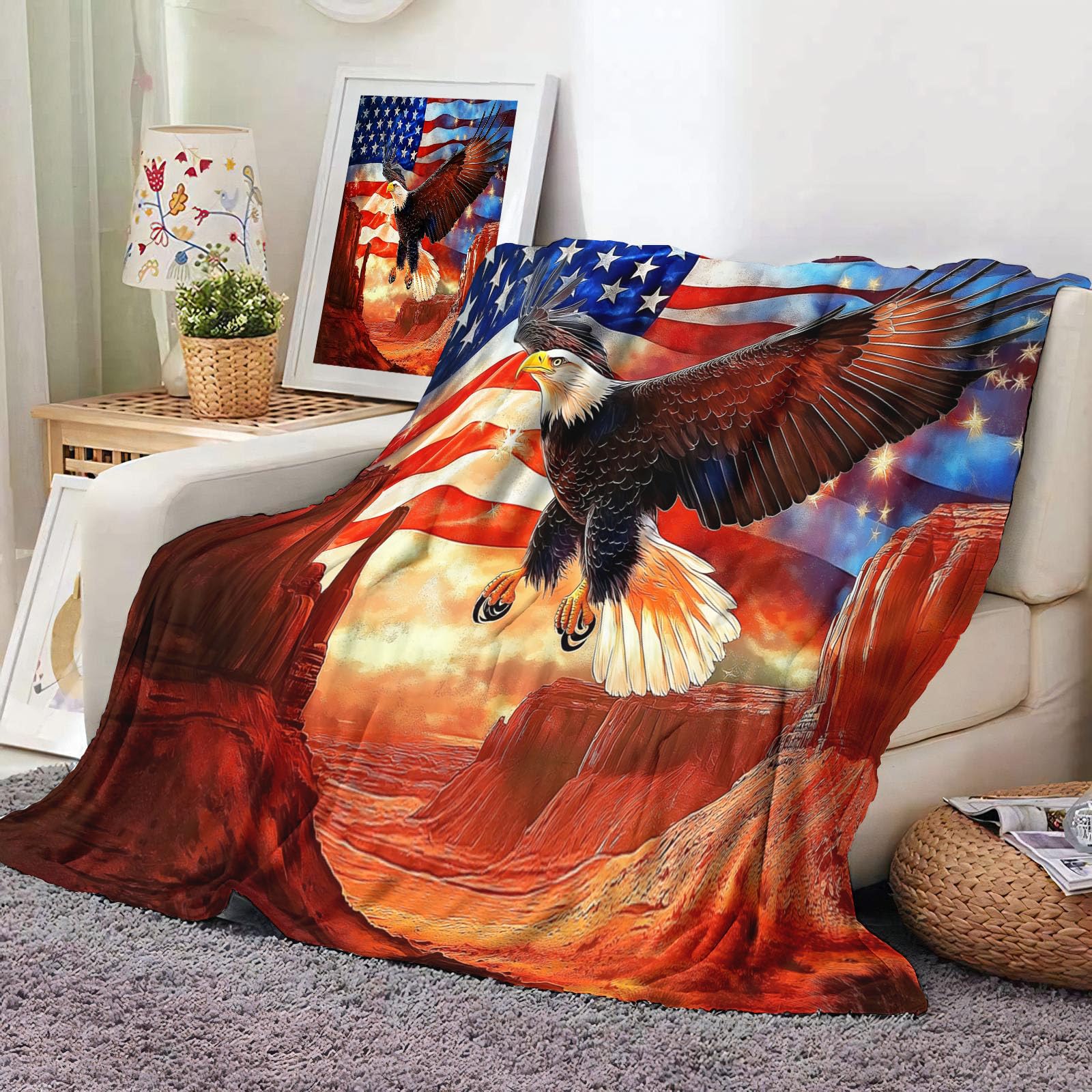 Couverture flanelle polaire douce multicolore drapeau aigle jeté de canapé lit printemps été