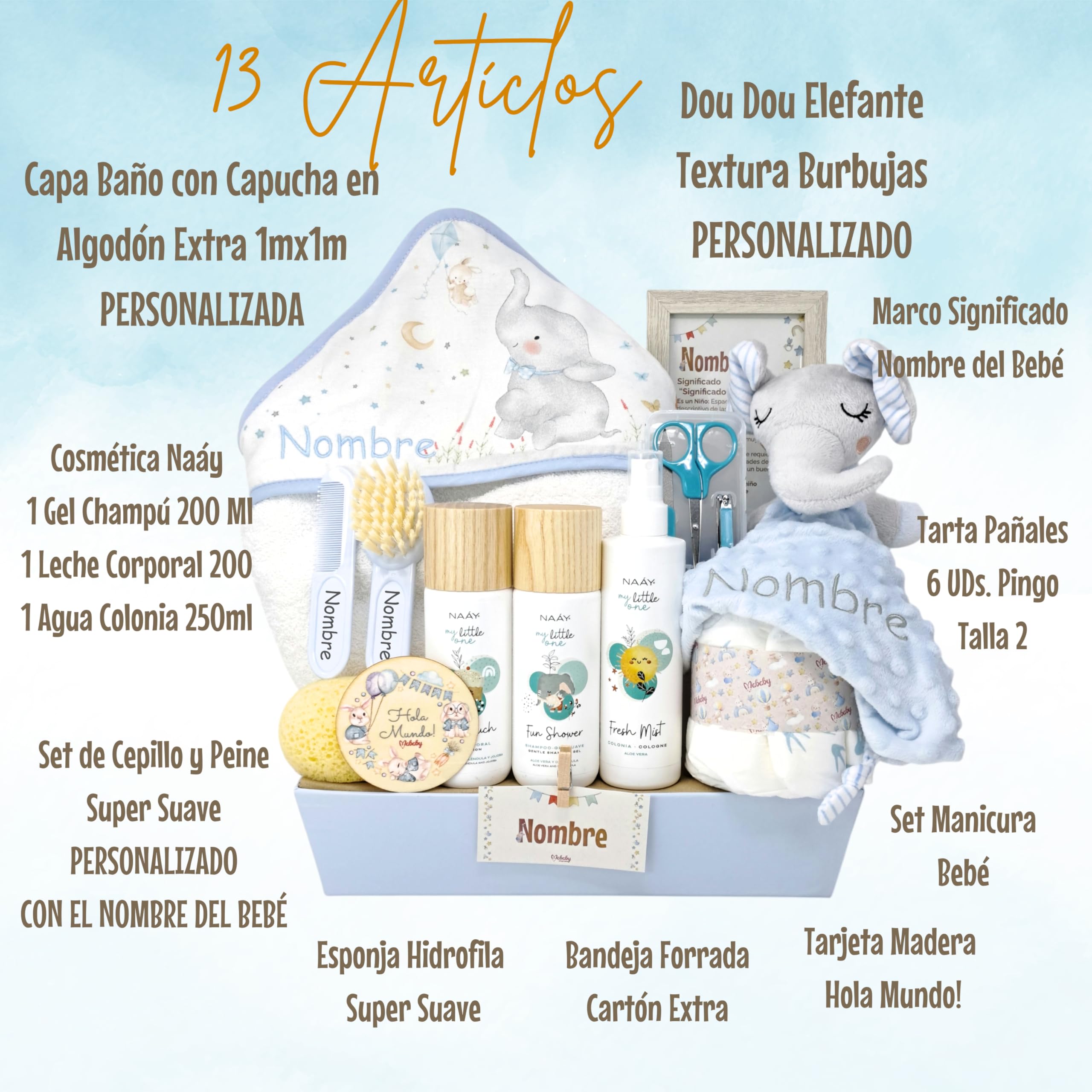 Canastilla Bebé Recién Nacido Naay, Capa de Baño (Rosa) | Canastilla personalizada con capa de baño, dou dou, set de aseo y cepillo y peine personalizados con nombre