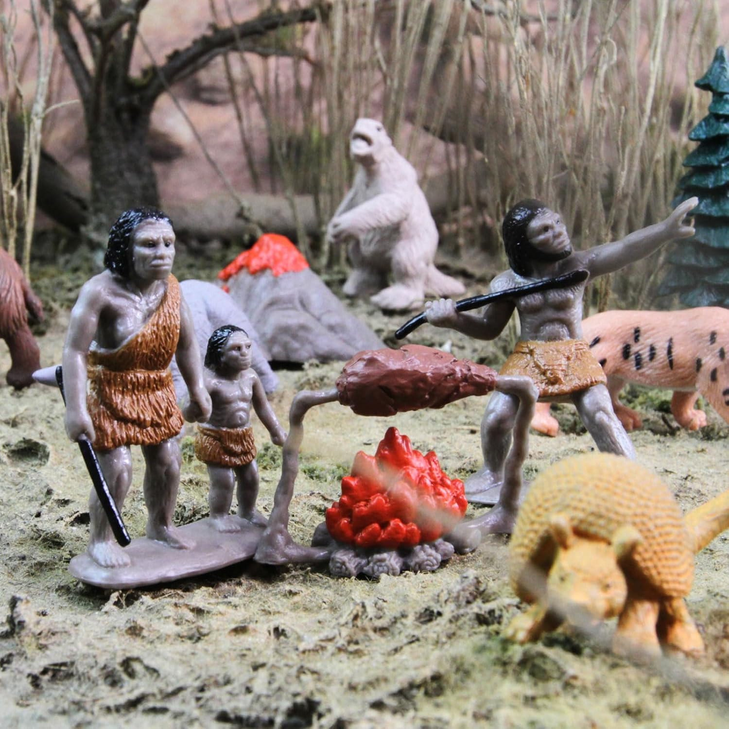 Safari Ltd. Prehistoric Life TOOB - 12 Figurines: Caveman, Cavewoman, Volcano, Mammoth, Doedicurus, Smilodon, Sloth, Dinosaurs - Educational Toy Figures For Boys, Girls & Kids Ages 3+