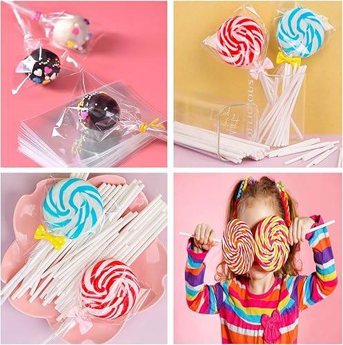 Miniatura 25 de Juego de bolsas plateadas de piruleta para tartas, incluye 100 bolsas de paquete, 100 palitos de papel para golosinas, 100 lazos metálicos coloridos