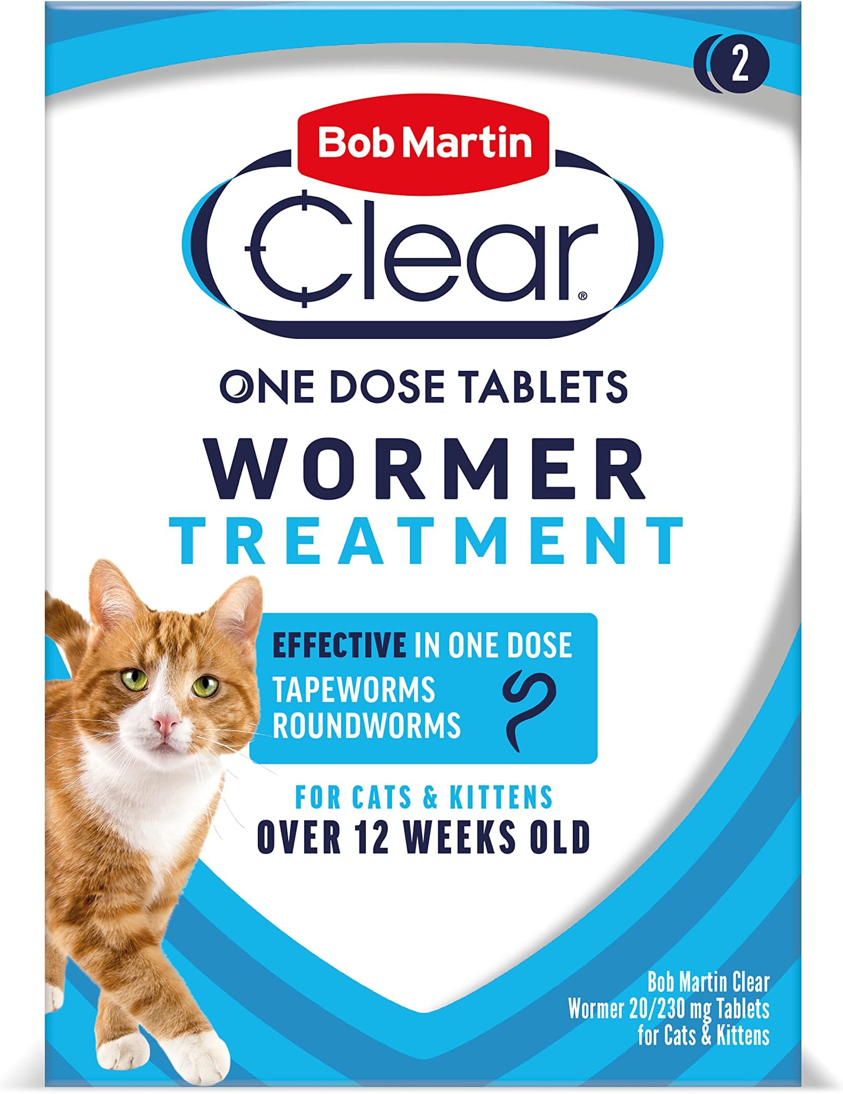 Bob Martin Clear Wormer Treatment for Cats (2 Tablets) - Suitable for Kittens, Clinically Proven Treatment