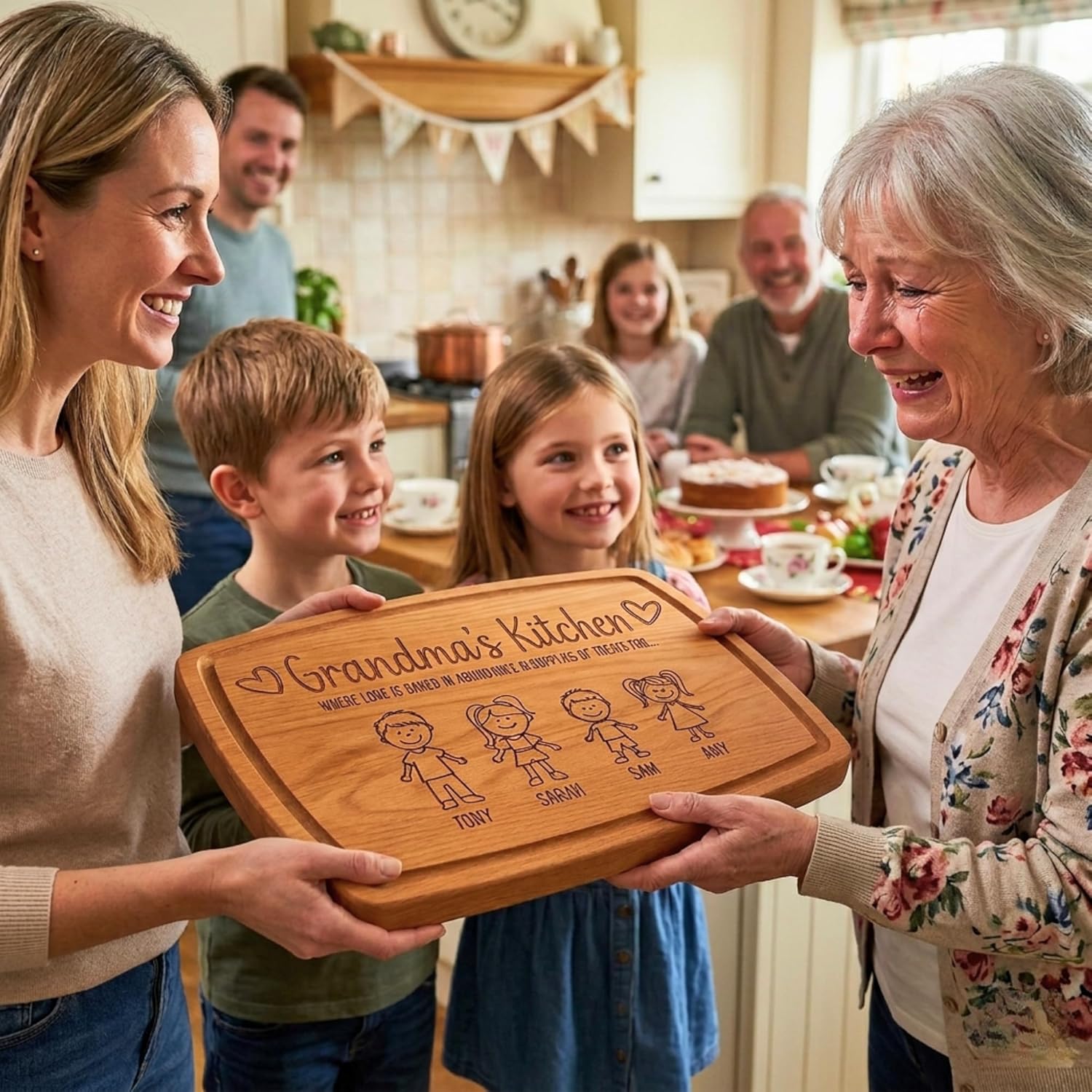 Personalized Cutting Board for Grandma with Family Icons - Custom Engraved Wooden Mother’s Day Gift from Grandkids - Nana Keepsake Kitchen Decor & Serving Tray