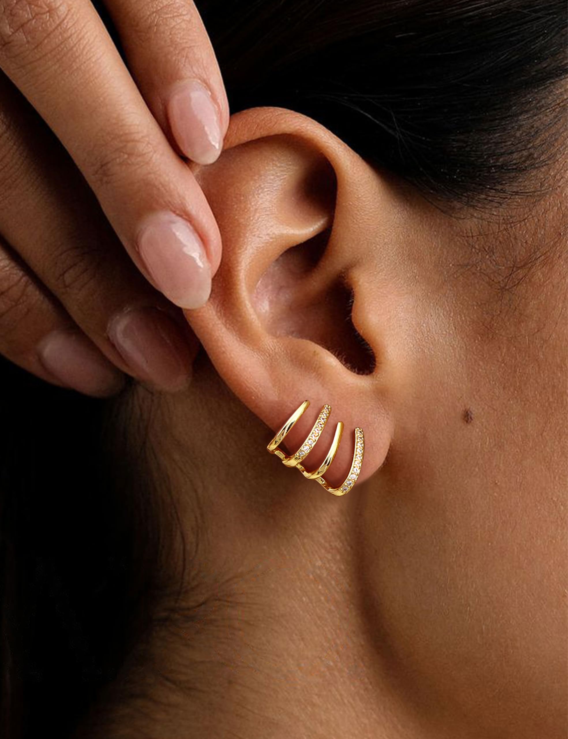 Sexy Outfit Pendiente de aro Doble Huggie de Plata de Ley para Mujer, Oro de 14 Quilates, para un Agujero, circonita cúbica, hélice de cartílago para Adolescentes y niñas