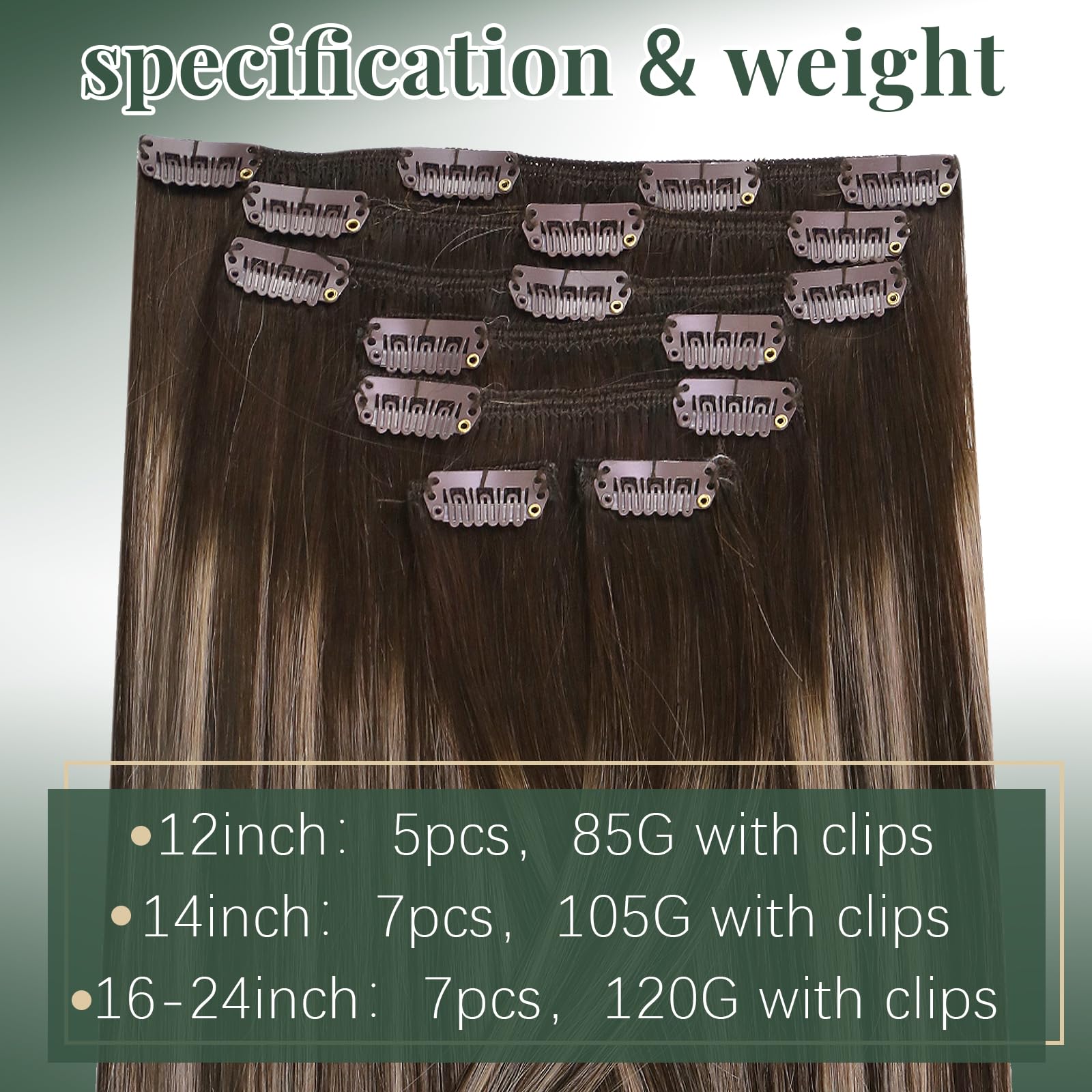 Ugeat Przedłużanie Włosów Clip in, Włosy Ludzkie, Balayage Ciemny Brąz, 50 cm 7 sztuk 120g, Włosy Clip in Extensions Popielaty Brąz, Remy Naturalne Proste