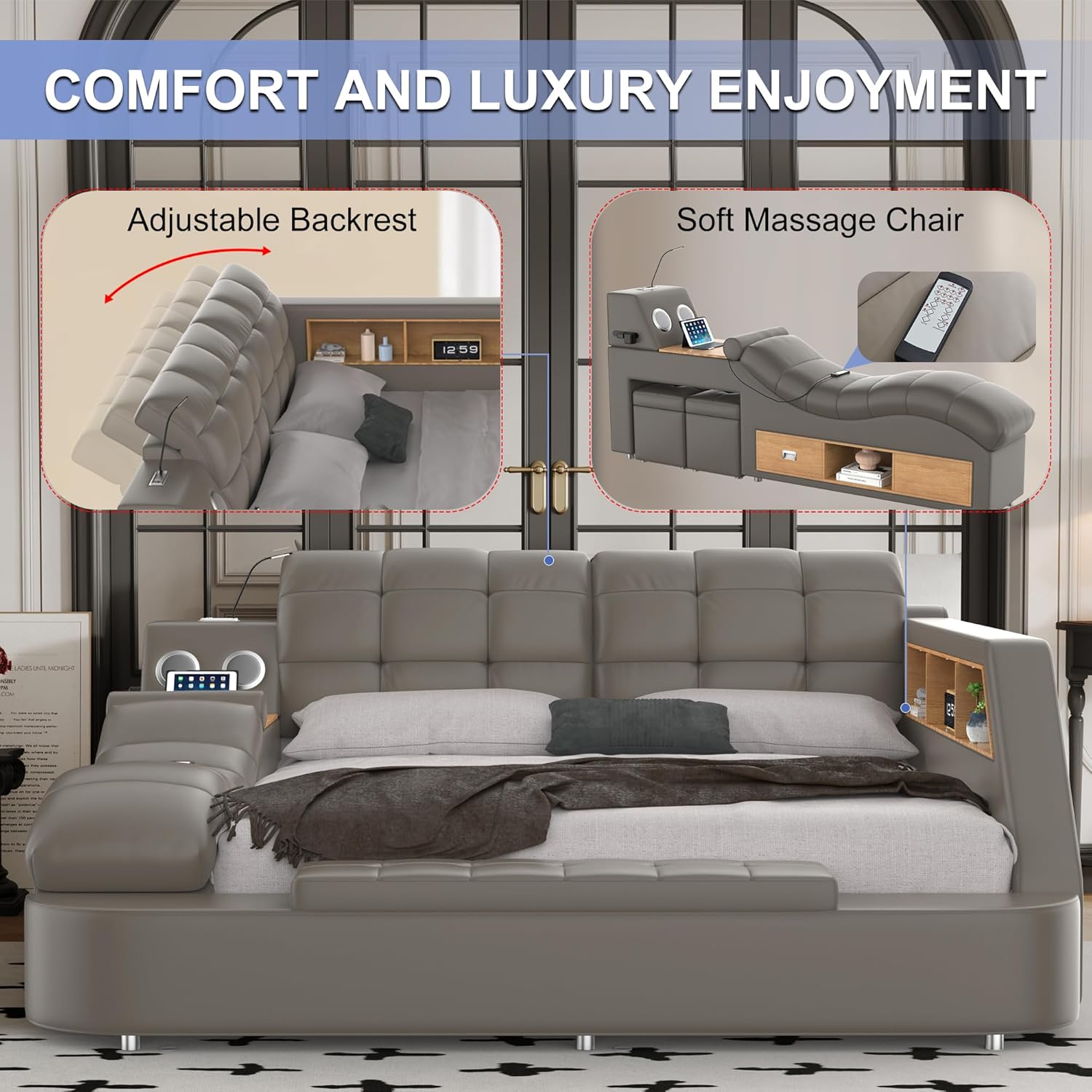 Multifunction Smart Queen Bed Frame Upholstered Platform with Massage Recliner/Bluetooth Speaker/USB Charging Station/Storage Drawers, Leather Headboard/Strong Wooden Slats, Grey-L Side