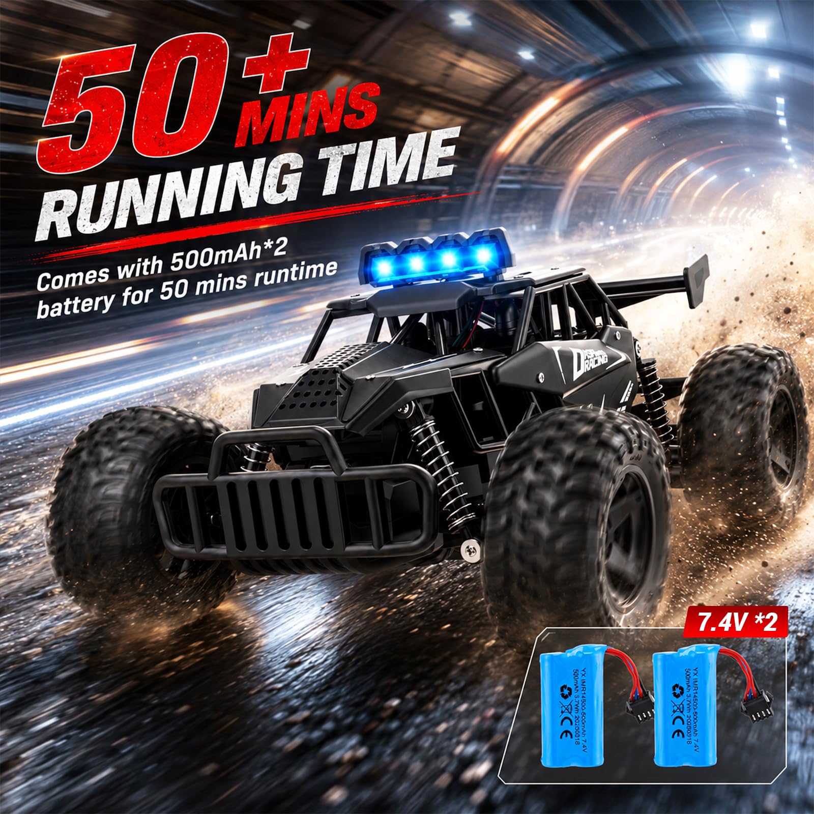 Coche teledirigido Offroad escala 1:12, 500 mAh RC Auto 20-25 km/h con 2 baterías y 50 min de tiempo de reproducción, todo terreno Monster Truck con mando a distancia de 2,4 GHz, juguete para niños a