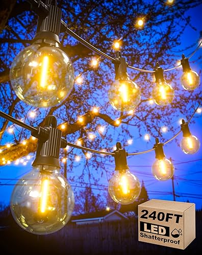 Guirnalda de luces para exteriores impermeables, luces de patio de 240 pies con 124 bombillas G40 inastillables (4 de repuesto), tira de luces LED