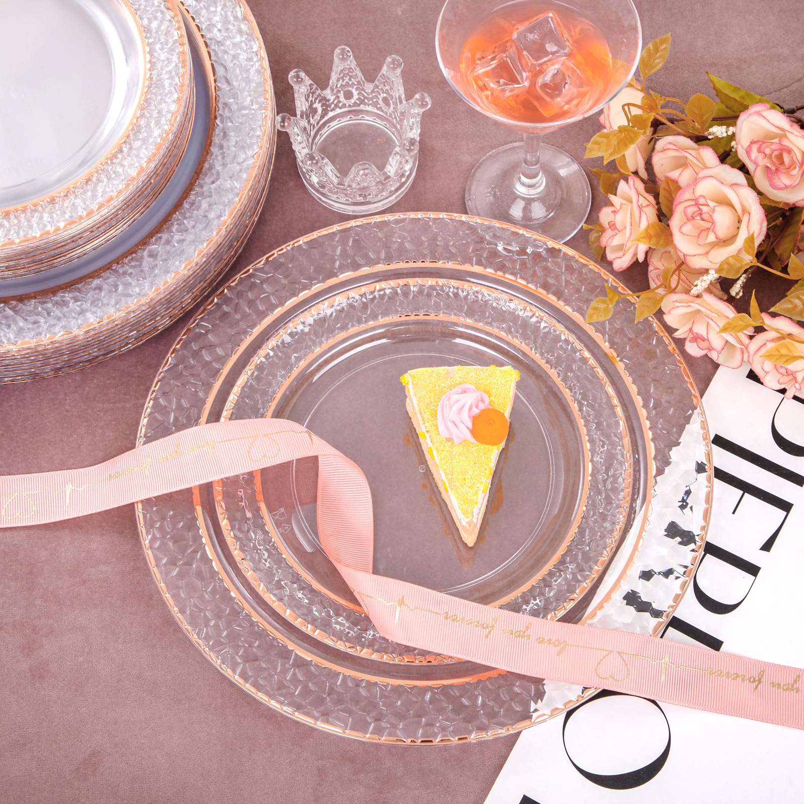 Joyido 102PCS Rose Gold Plastic Plates - Clear Rose Gold Disposable Plates Include 51PCS 7.5inch Dessert Plates 51PCS 10.25inch Dinner Plates Perfect for Weddings & Parties