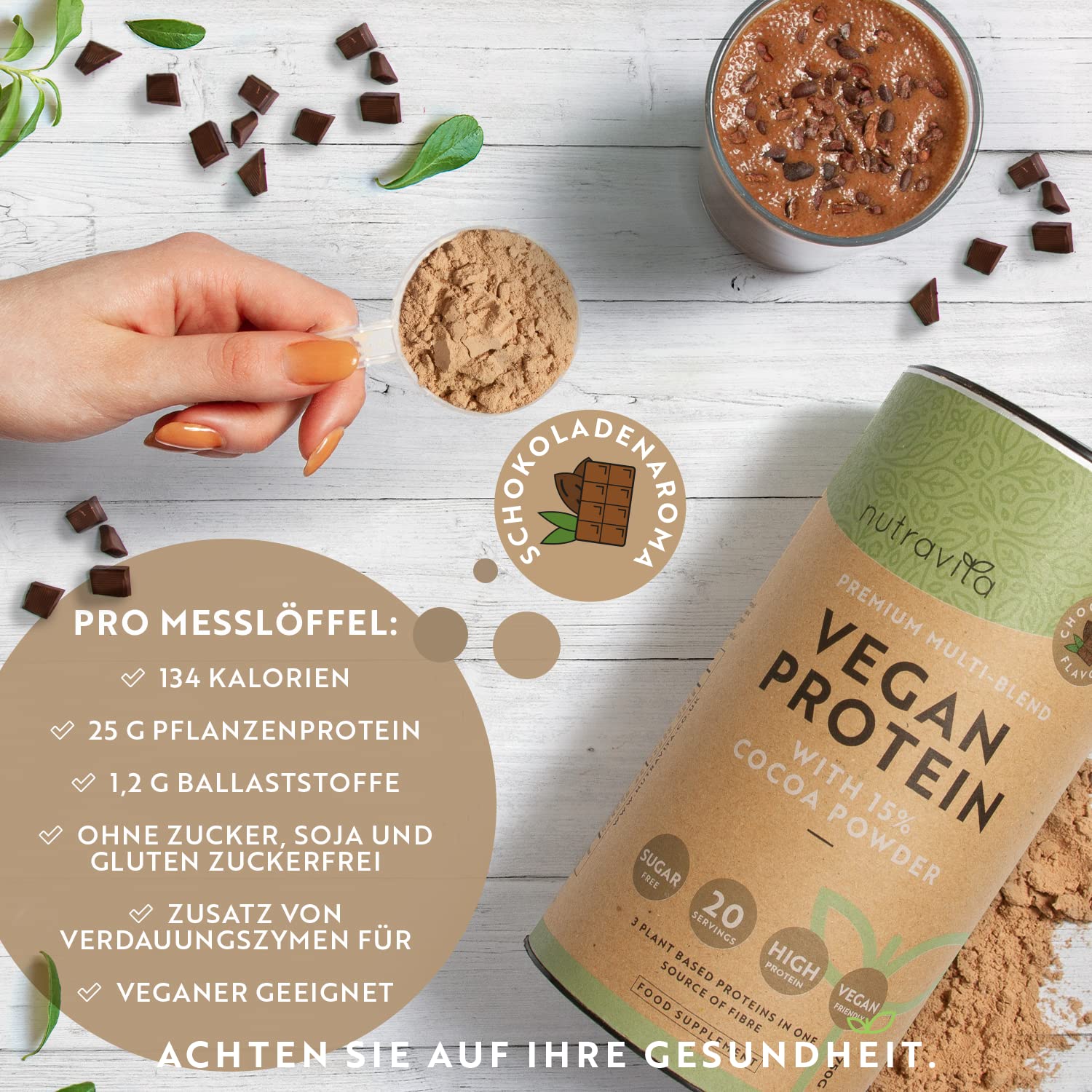 Veganes Proteinpulver - Vegan Protein Pulver Schokoladengeschmack - 25g Protein pro 36g Portion - mit 9 essentiellen Aminosäuren - Erhält die Muskelmasse - Lalorienarm und Zuckerfrei - Nutravita