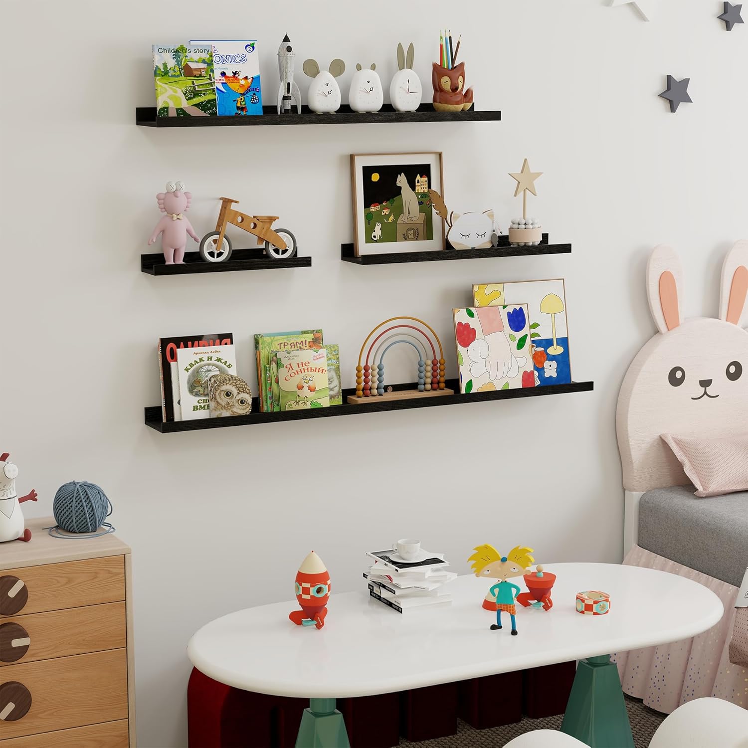 Fun Memories Picture Ledge Shelf, 16 Inch Long Floating Shelves Set of 6, Picture Shelf for Wall with Lip, Large Nursery Book Shelves for Storage, Wall Shelves for Living Room Bedroom Kitchen, Black