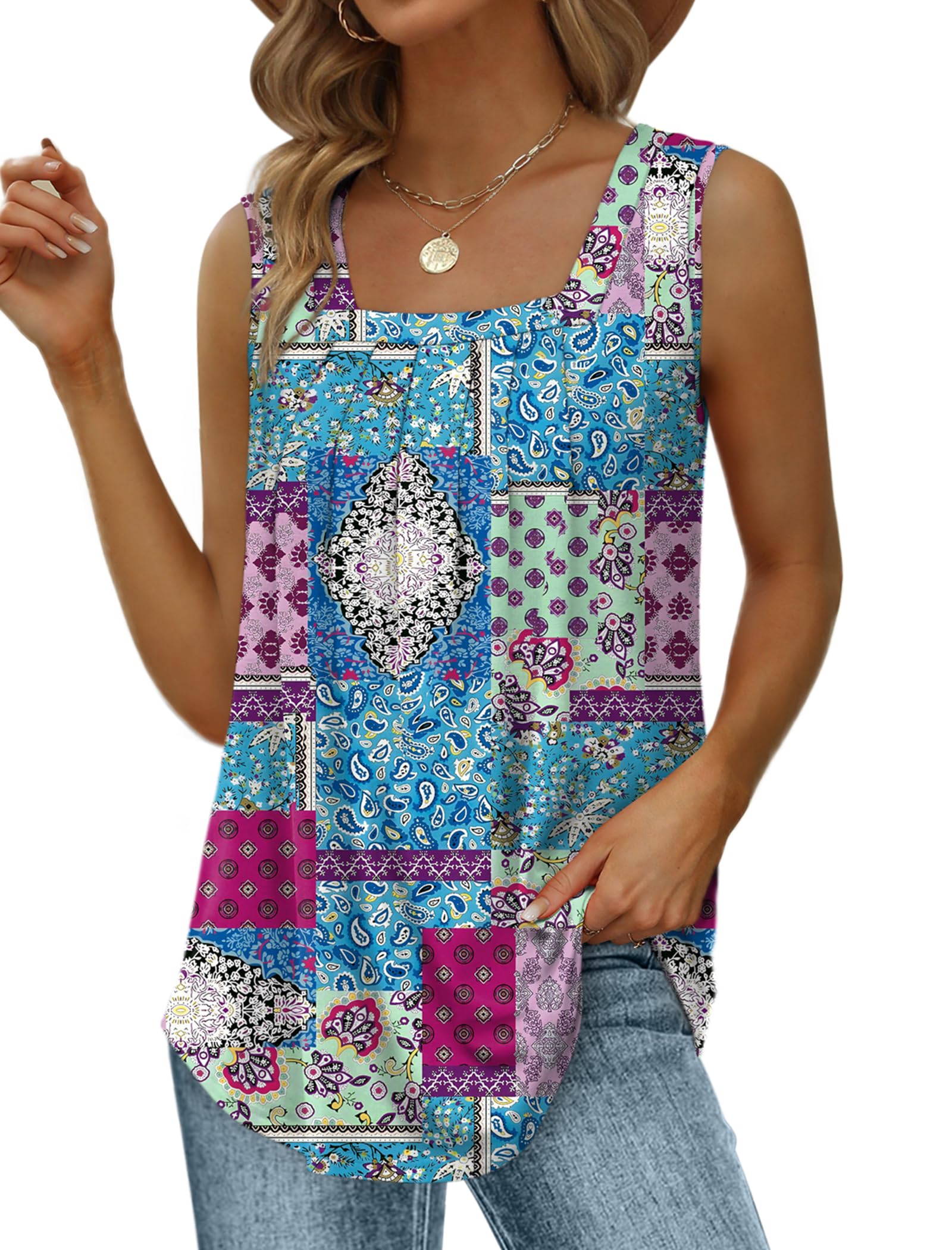 Saloogoe Summer Tank Tops for Women Loose Fit Pleated Square Neck Sleeveless Tops Curved Hem Flowy