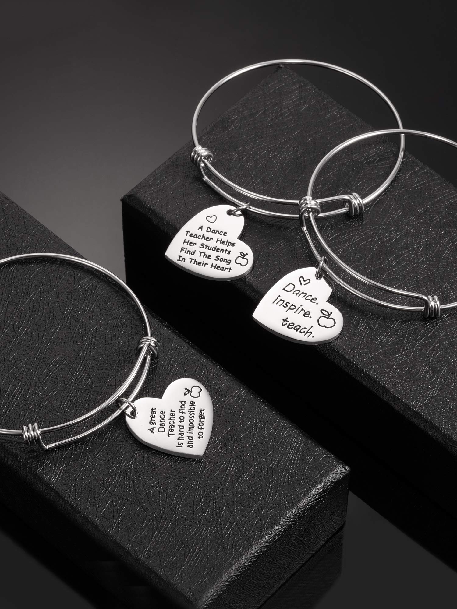 Zhanmai 3 Pieces Dance Teacher Gifts for 2026 Teacher's Day Bracelet Bangle Gift Engraved Appreciation Quotes Expandable Steel Bracelet with Heart Pendant for Women Dance Teacher