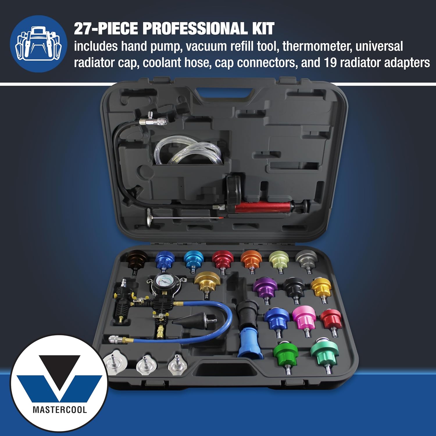 Mastercool 43301-A 27‑Piece Radiator Pressure & Vacuum System Kit – Professional Leak Tester & Coolant Refill Tool with Durable Gauge and 19 Adapter Set (0–35 psi)