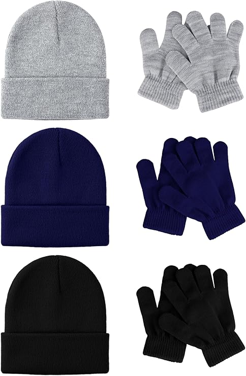Glooarm 6 Pack Kids Beanies Hats and Gloves Set - Warm Winter Knit Hat with Full Finger Gloves for Boys and Girls