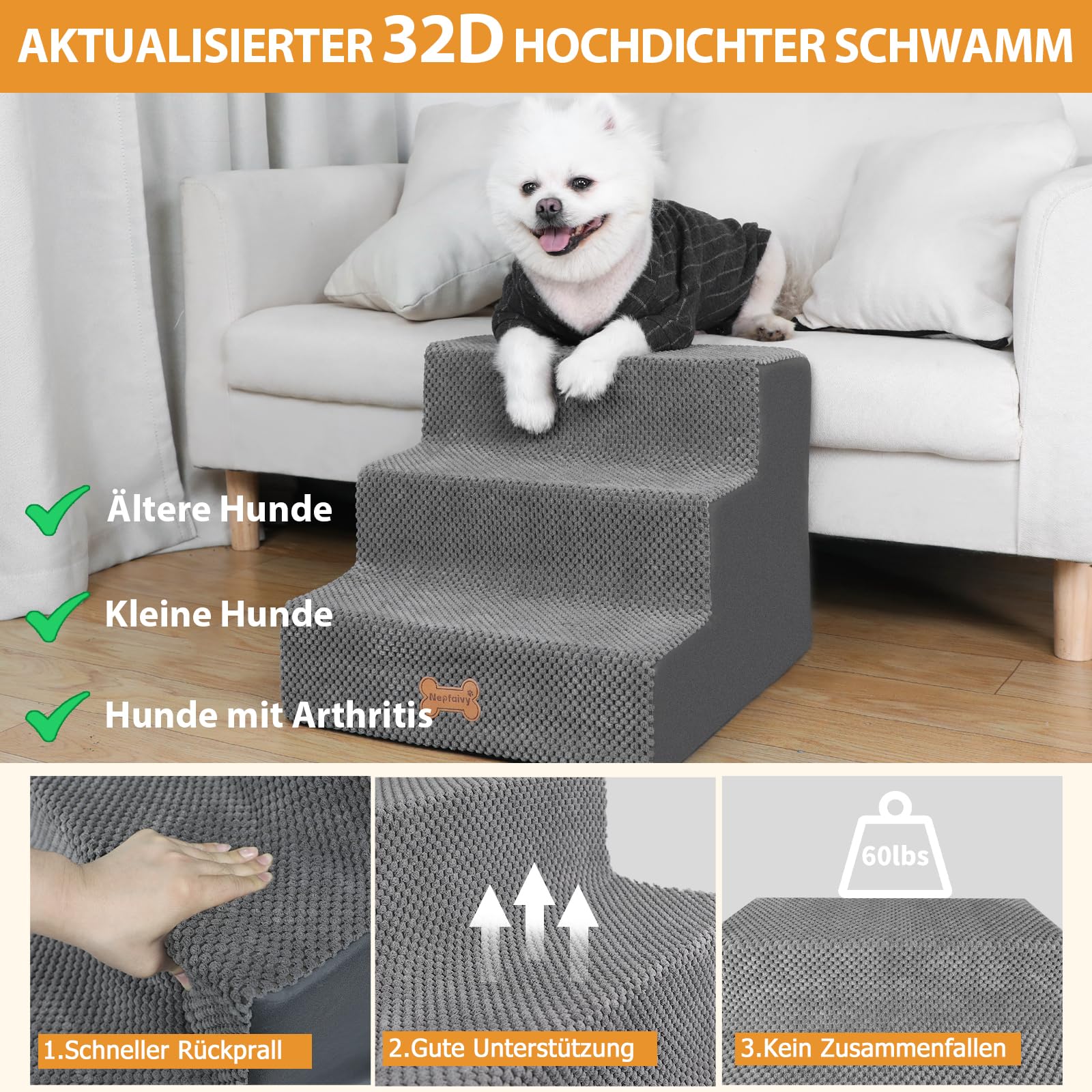 Nepfaivy Hundetreppe für Kleine Hunde 3-Stufig, Hundetreppe Hunderampe für Bett und Sofa aus Hochdichtem Schwamm, Haustiertreppe mit Abnehmbarem, Waschbarem Bezug und Rutschfestem Boden, 45x40x34cm