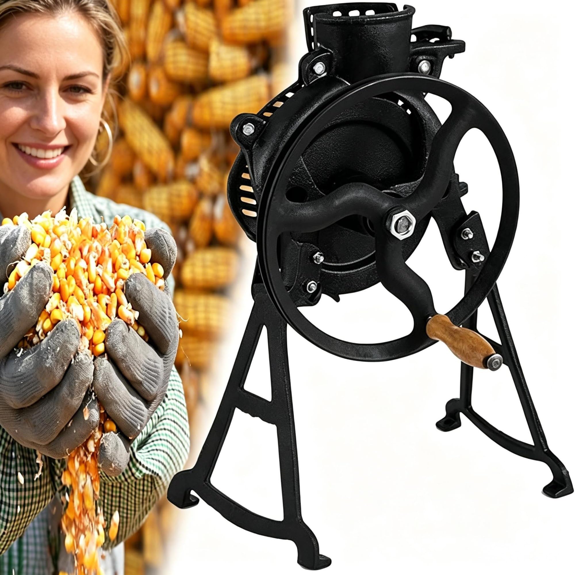 Sgranatrice manuale per mais Macchina a manovella Trebbiatrice per mais in ghisa resistente con manico in legno per aziende agricole famiglie(Hand-cranked version)