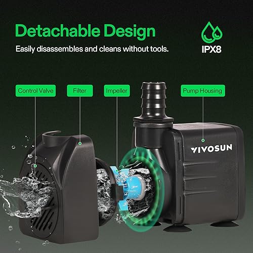 VIVOSUN 660GPH Submersible Water Pump, 2500L/H 35W aquarium pump, Ultra Quiet Fountain Pump with 8.2ft/2.5m High Lift for Fish Tank, Pond, Aquarium, Statuary, Hydroponics(660GPH)