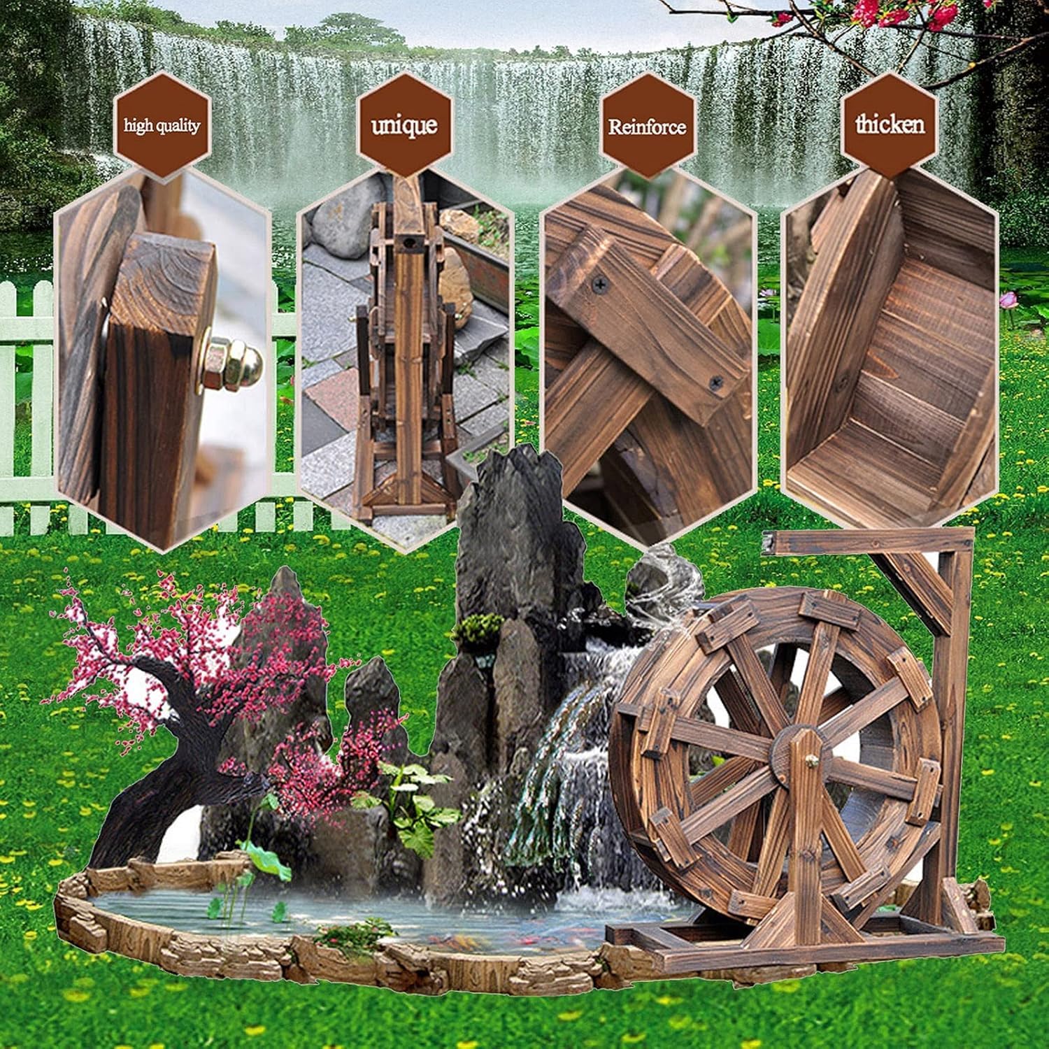 Fontana a ruota d'acqua in legno per giardino, patio, cortile, ornamento decorativo rustico per esterni a cascata