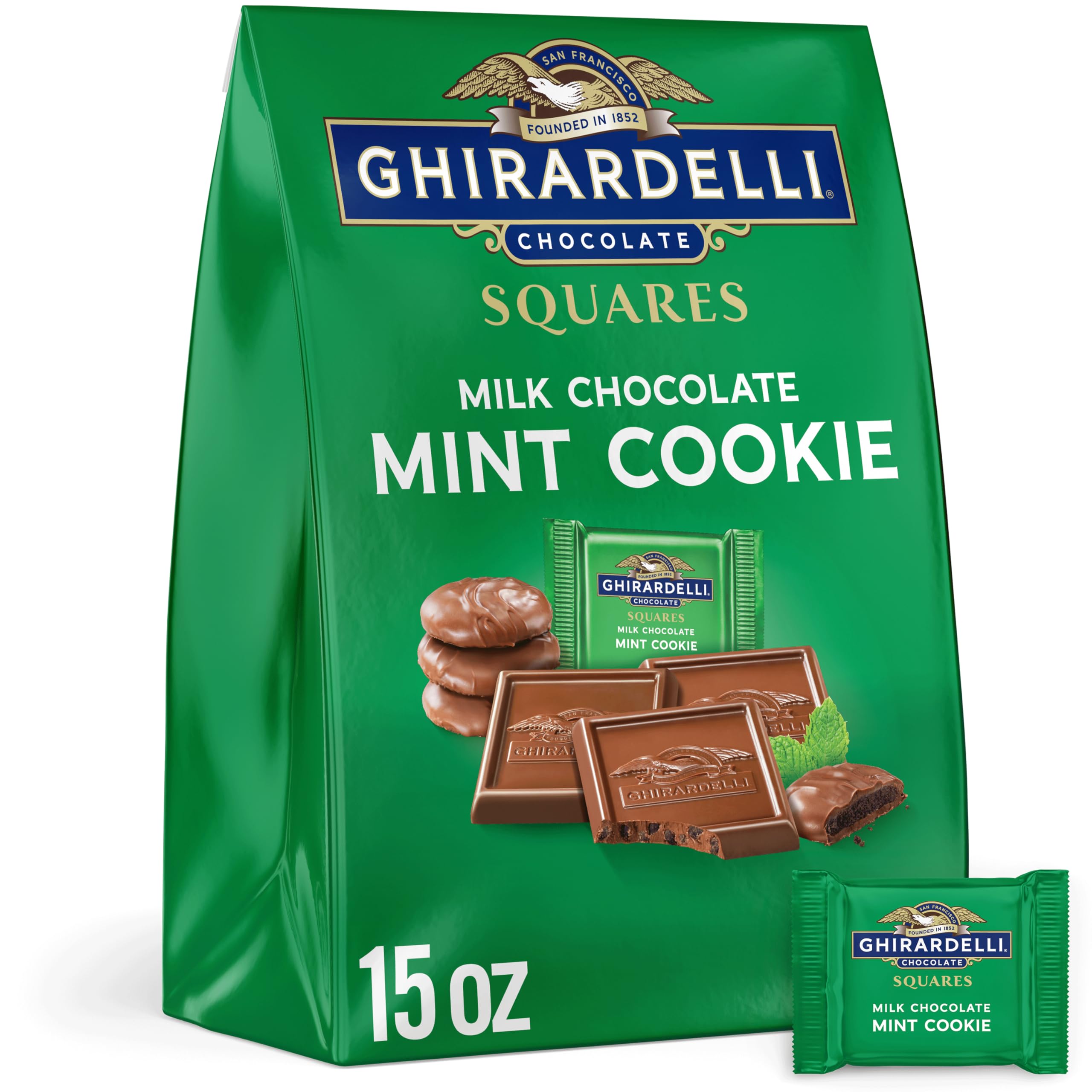 GHIRARDELLI Milk Chocolate Mint Cookie SQUARES, 15 oz Bag Premium Chocolate Candy with Crunchy Cookie Bits