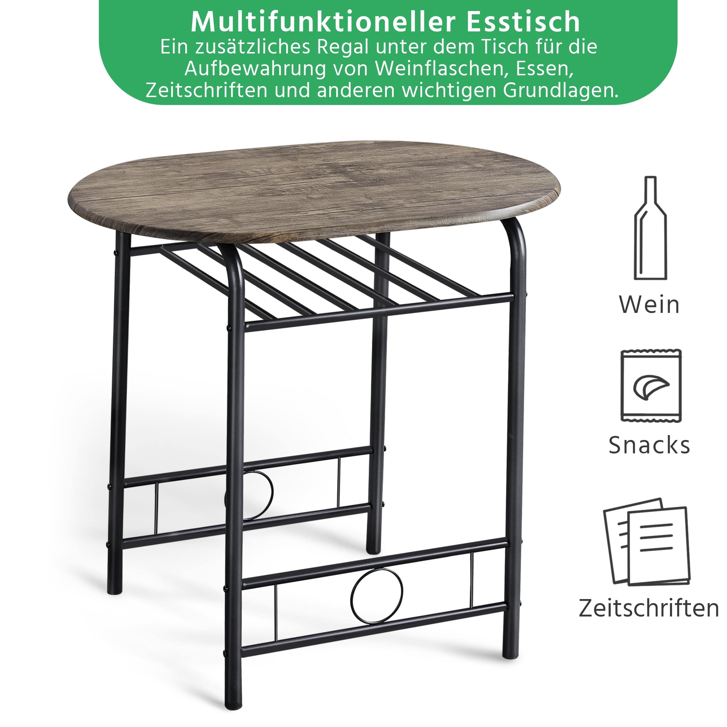 Yaheetech Essgruppe für 2 Personen, 1 Esstisch mit 2 Stühle, Küchentisch mit Ablagefach, Stahlgestell Tischgruppe für Küche, Wohnzimmer, Balkon, Restaurant, 80 x 53 x 75,5 cm, Drift Braun