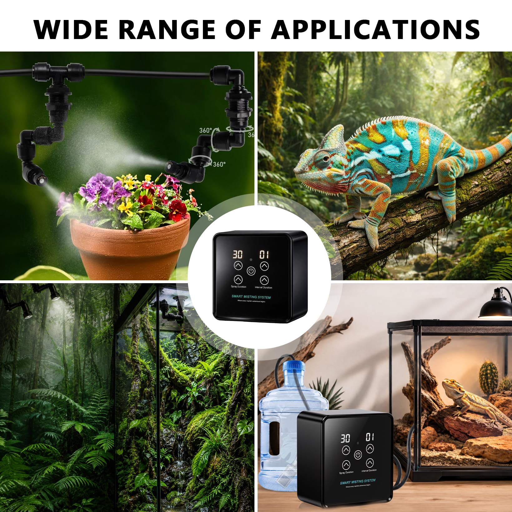 Sistema de riego terrario, nebulizador automático de reptiles con mando a distancia, pantalla táctil y temporizador, boquillas de pulverización ajustables 360°, sistema inteligente de humidificación