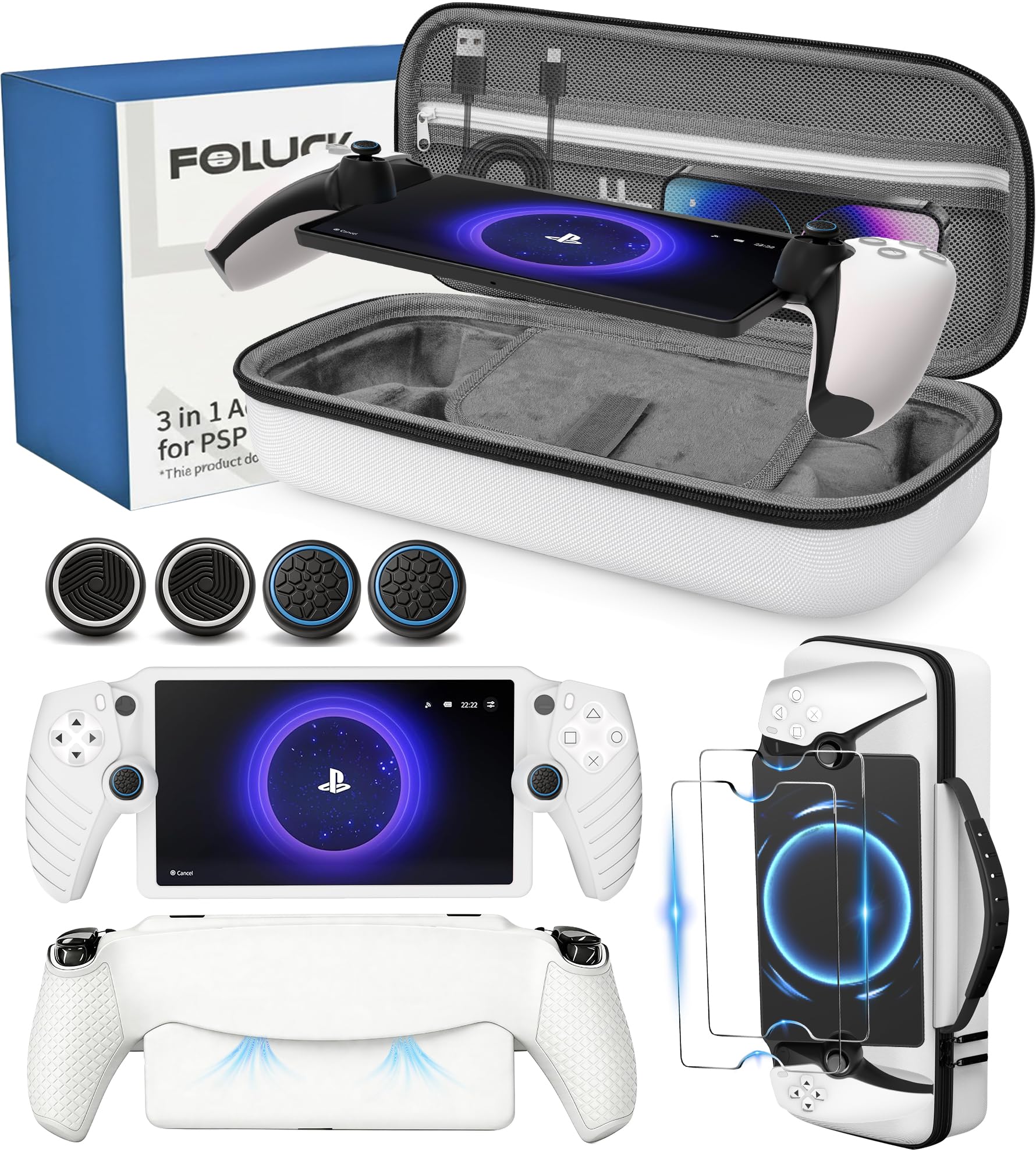 Foluck Set di accessori 3 in 1 compatibile con Playstation Portal, custodia in EVA per PS5, custodia protettiva in morbido silicone, confezione da 2 pellicole proteggi schermo, accessori per portali