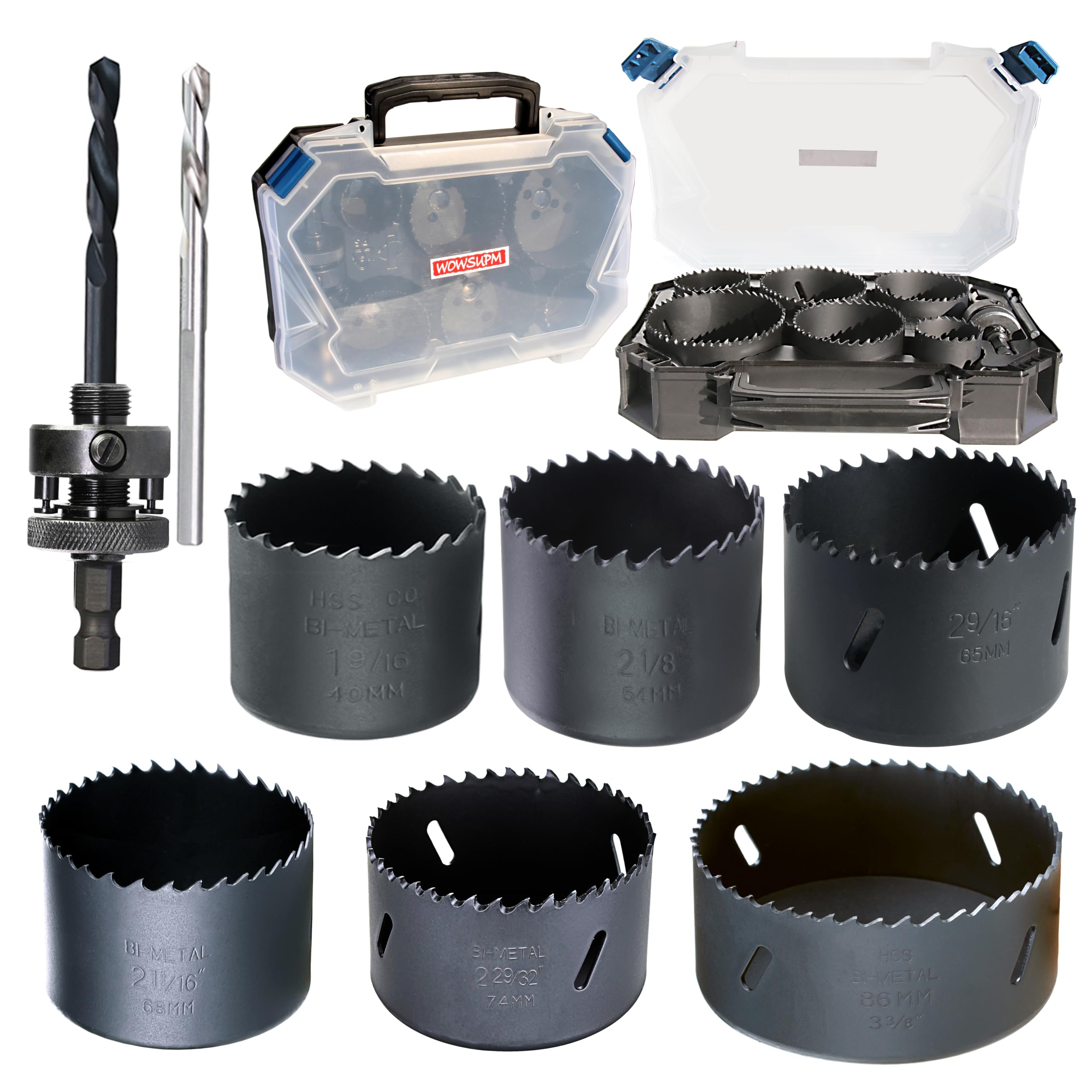 WOWSUPM 1-9/16” to 3-3/8” HSS Bi Metal Hole Saw Kit 6pcs Heavy Duty Hole Saw Bit for Wood Drywall Plastic Aluminum Mild Steel Iron Metal Stainless Steel