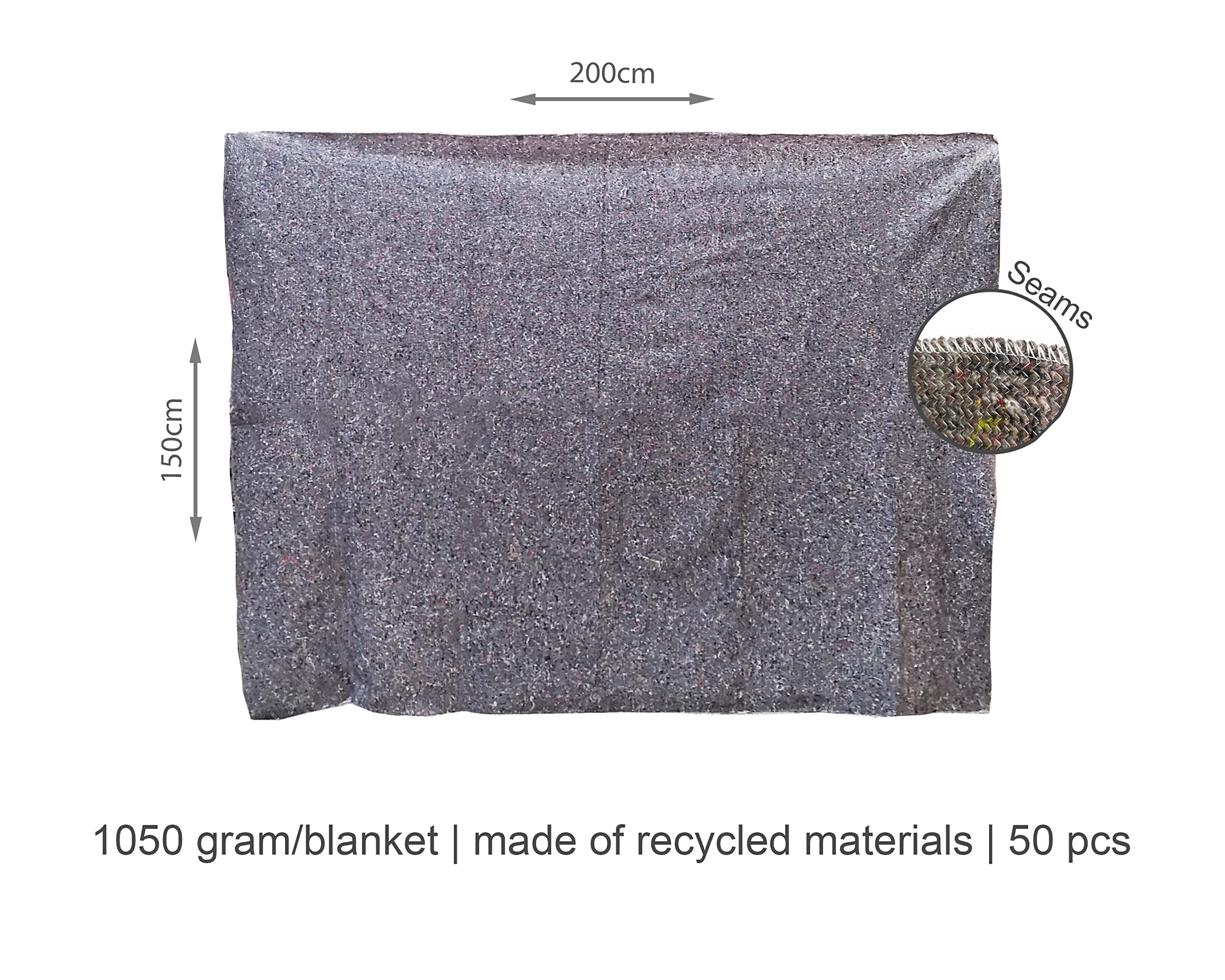 50 Stück Umzugdecke | Format : 150 x 200 cm | 1,05 KG pro Stuck | Grau | 4-seitig vernäht | aus recycelten Materialien hergestellt