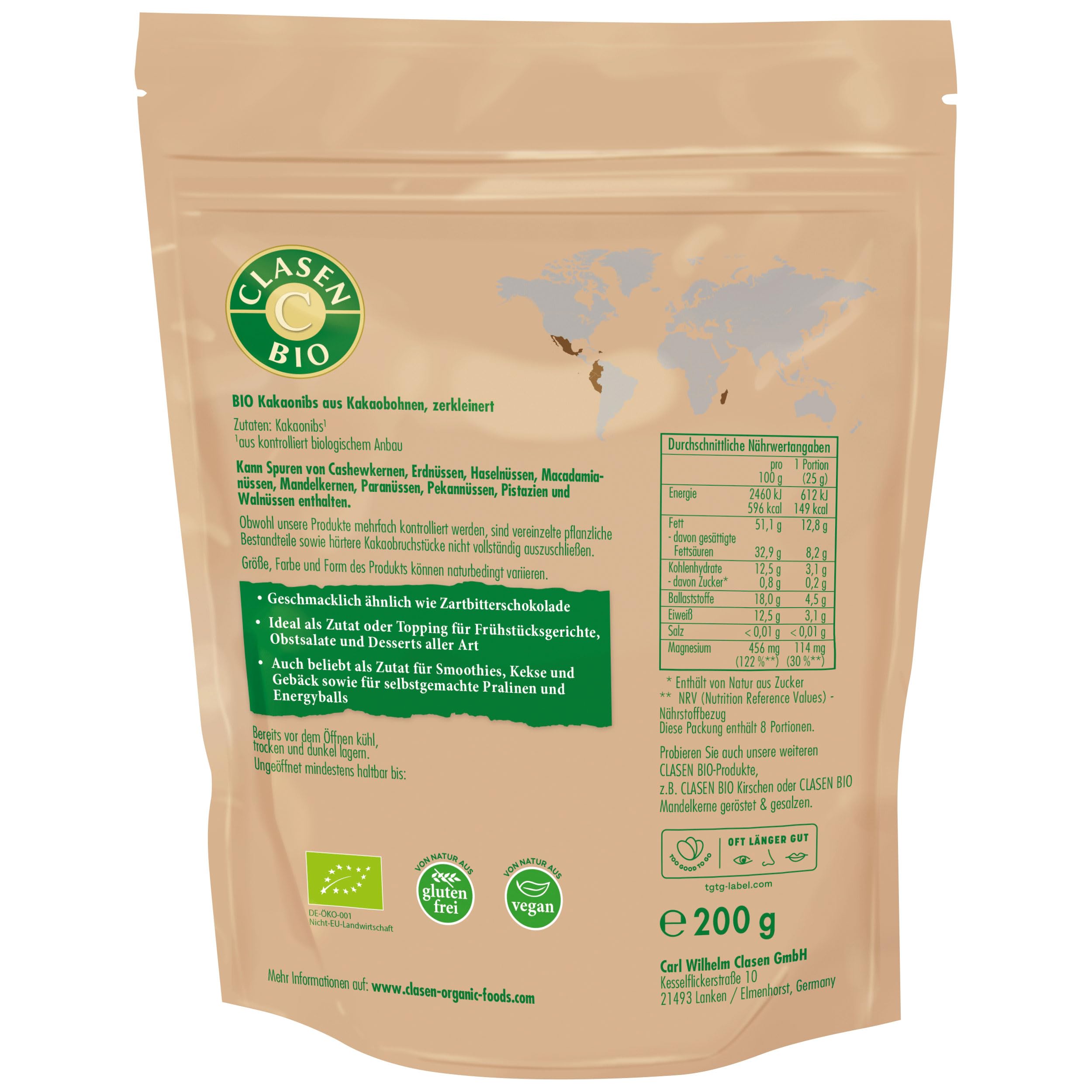 CLASEN BIO – Kakao Nibs 6x200g Bundle – Klein geschrotete Kakaobohnen herb-aromatisch & schokoladig – Kakaonibs ideal für Desserts, Smoothiebowls & Gebäck – Reich an Ballaststoffen & Magnesium