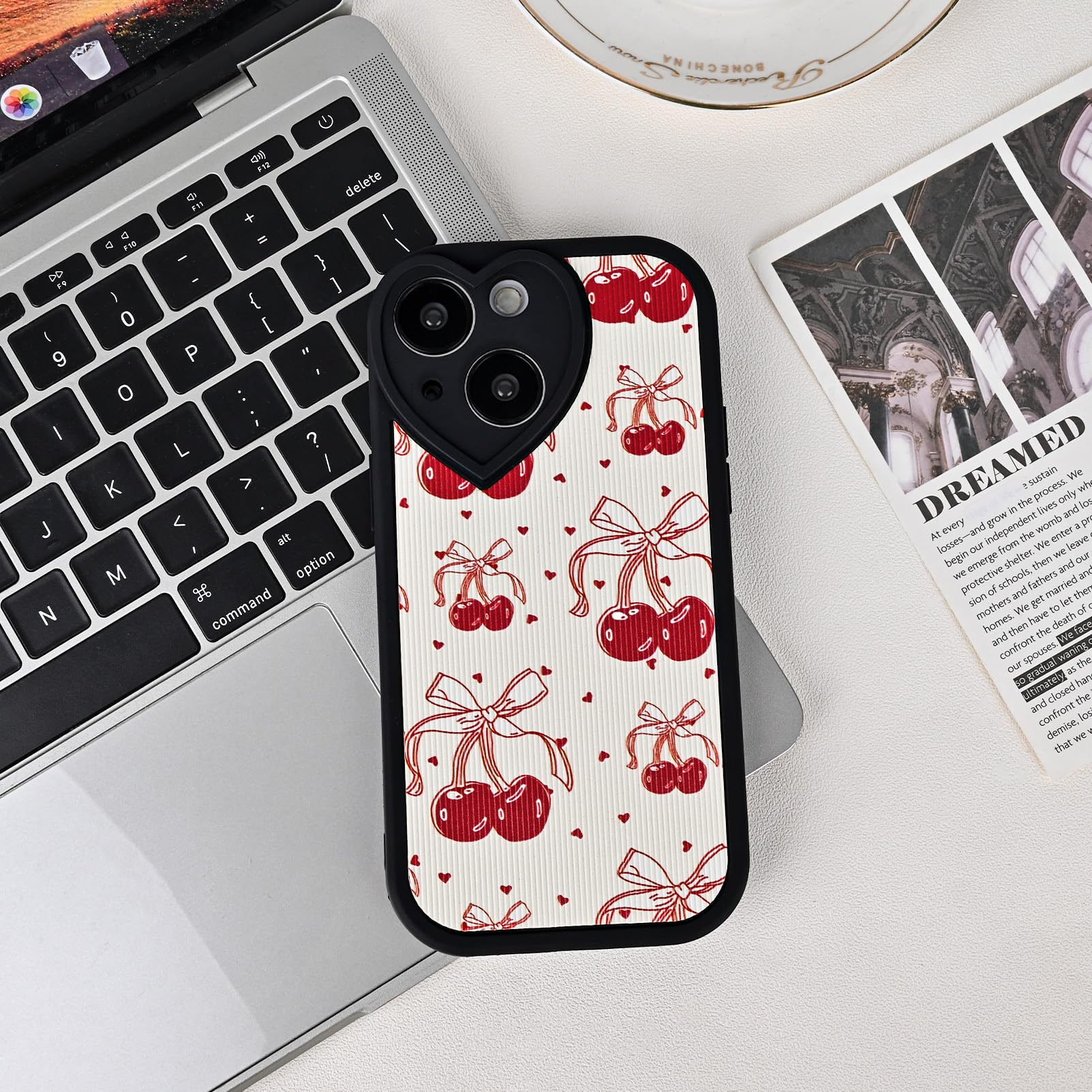 Zrutru 2 Pack Cherry Phone Case For IPhone 13 6.1",Cute Aesthetic Cases Kawaii Bow Design Pattern Cover For Girls Women,Beige Soft Anti-Scratch Shockproof Protection Funda For IPhone 13