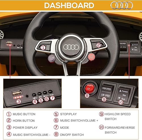 Miniatura 6 de Aosom Auto eléctrico para niños de 6 V, con licencia Audi TT RS con asiento y control remoto, bocina, música, MP3 - amarillo