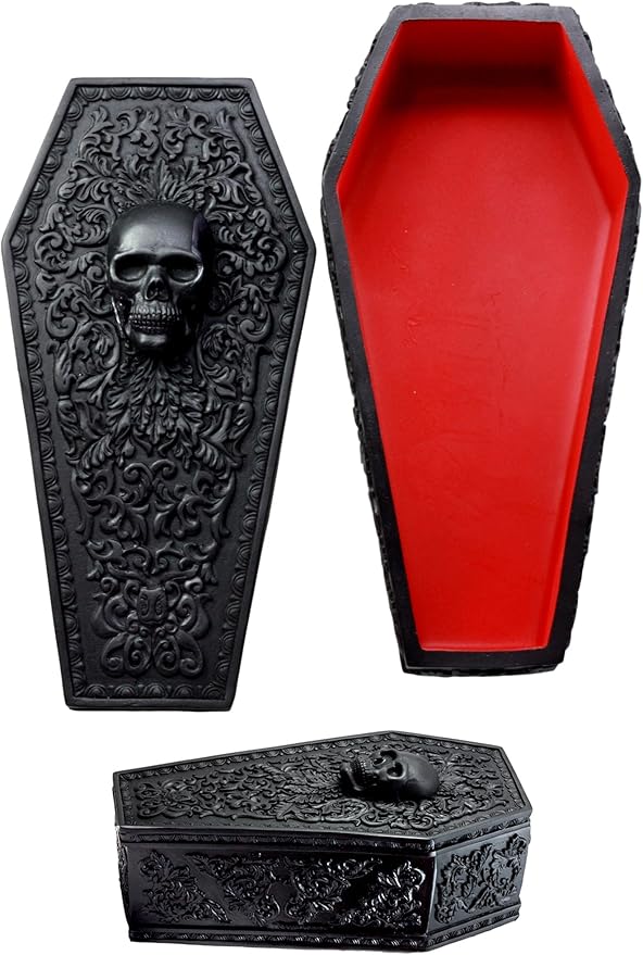 Ebros Day of The Dead Gothic Baroque Floral Skull Coffin Decorative Jewelry Box Figurine DOD Floral Sugar Skulls Skeletons Ossuary Macabre Decor Black