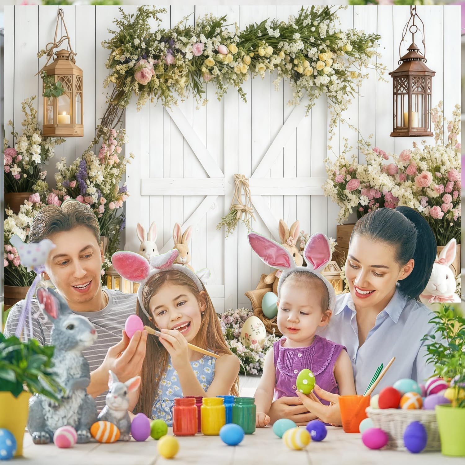 Easter Backdrop for Photography 12x8ft Rustic Wooden Barn Door Easter Bunny Eggs Cozy Spring Backdrops for Photoshoot Greenery Flowers Background Banners for Inside Outside Party Decorations