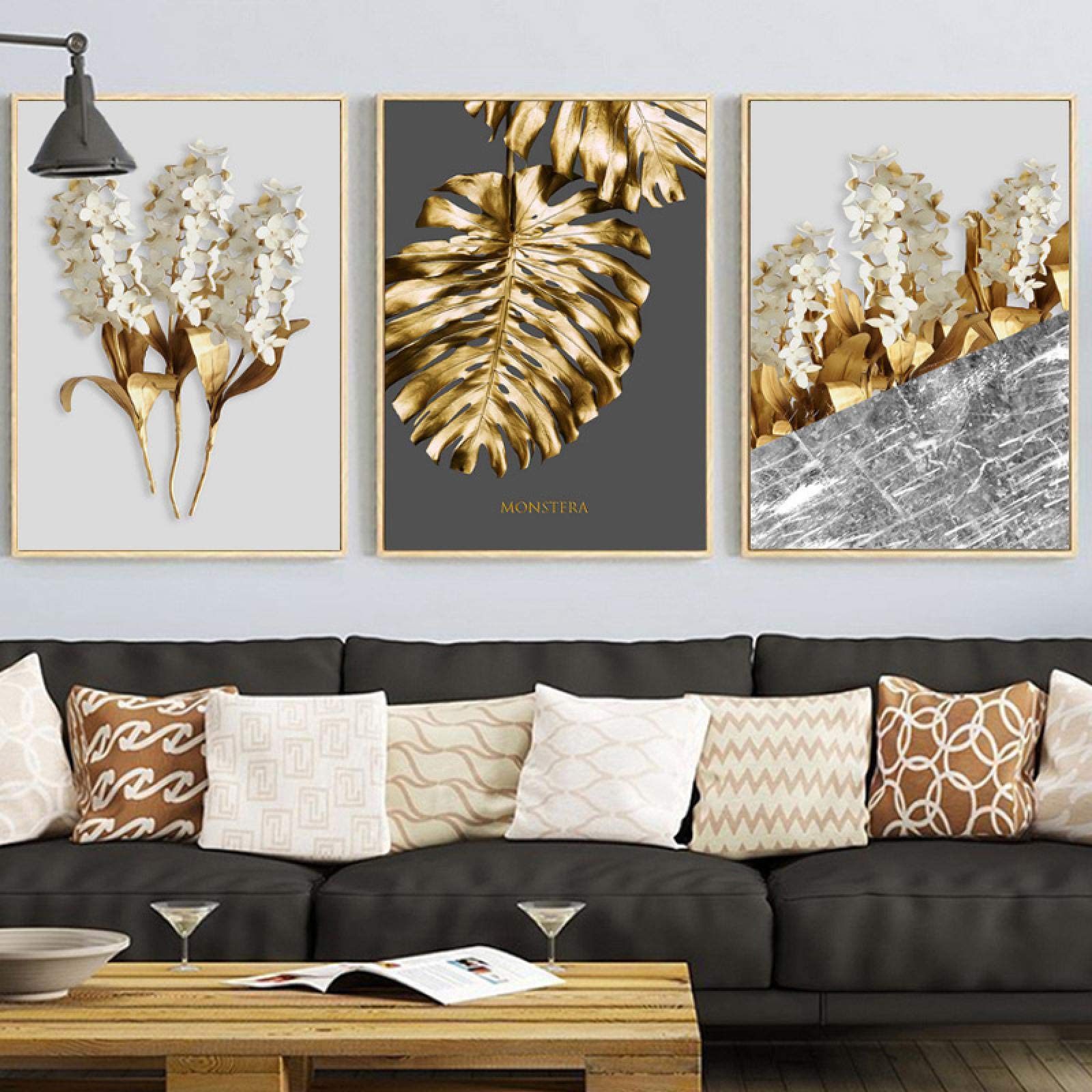 Lienzo de plantas doradas abstracto en blanco y negro, juego de 3 láminas para pared