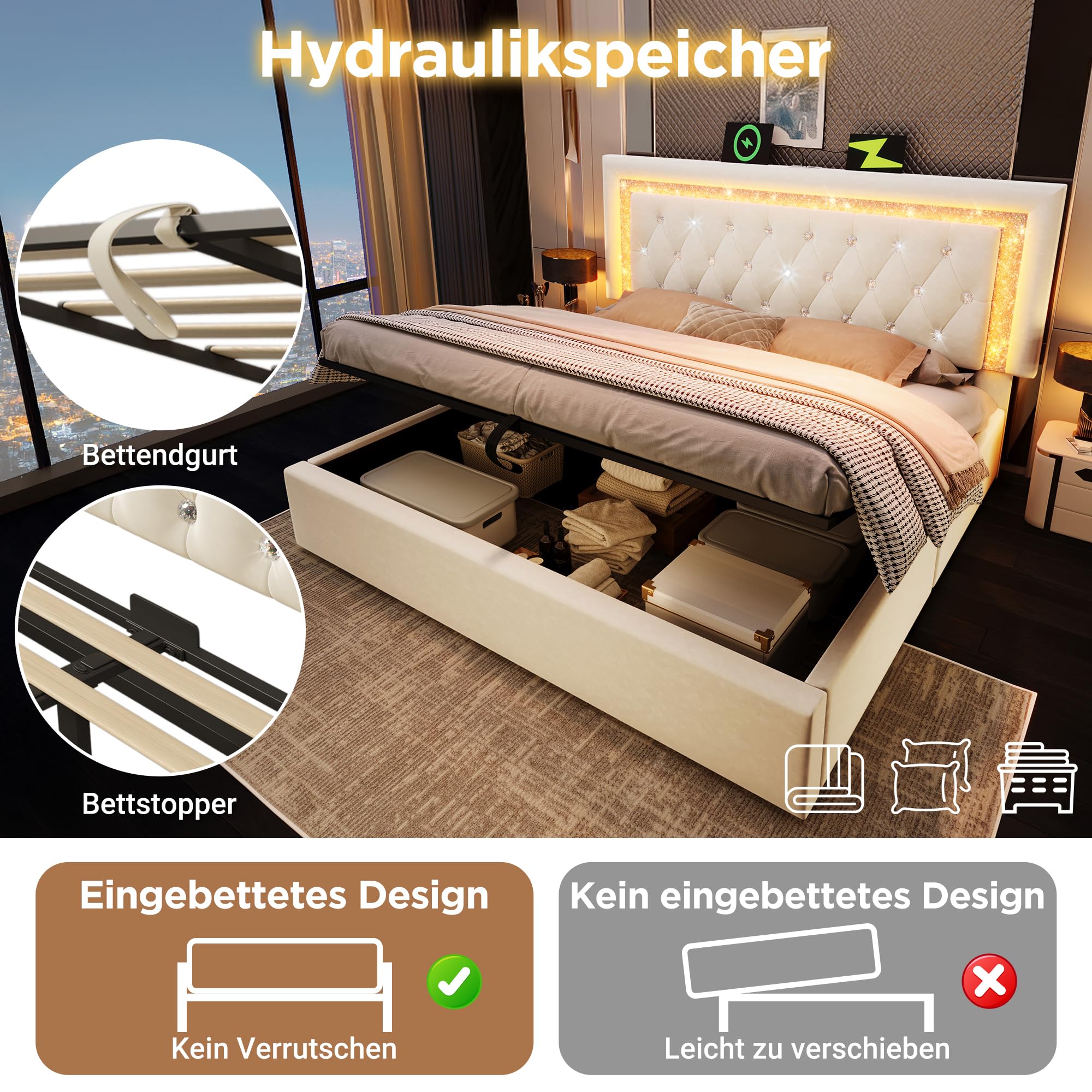 Doppelbett 180x200 mit Hydraulisch Stauraum, USB & Type-C, Beige