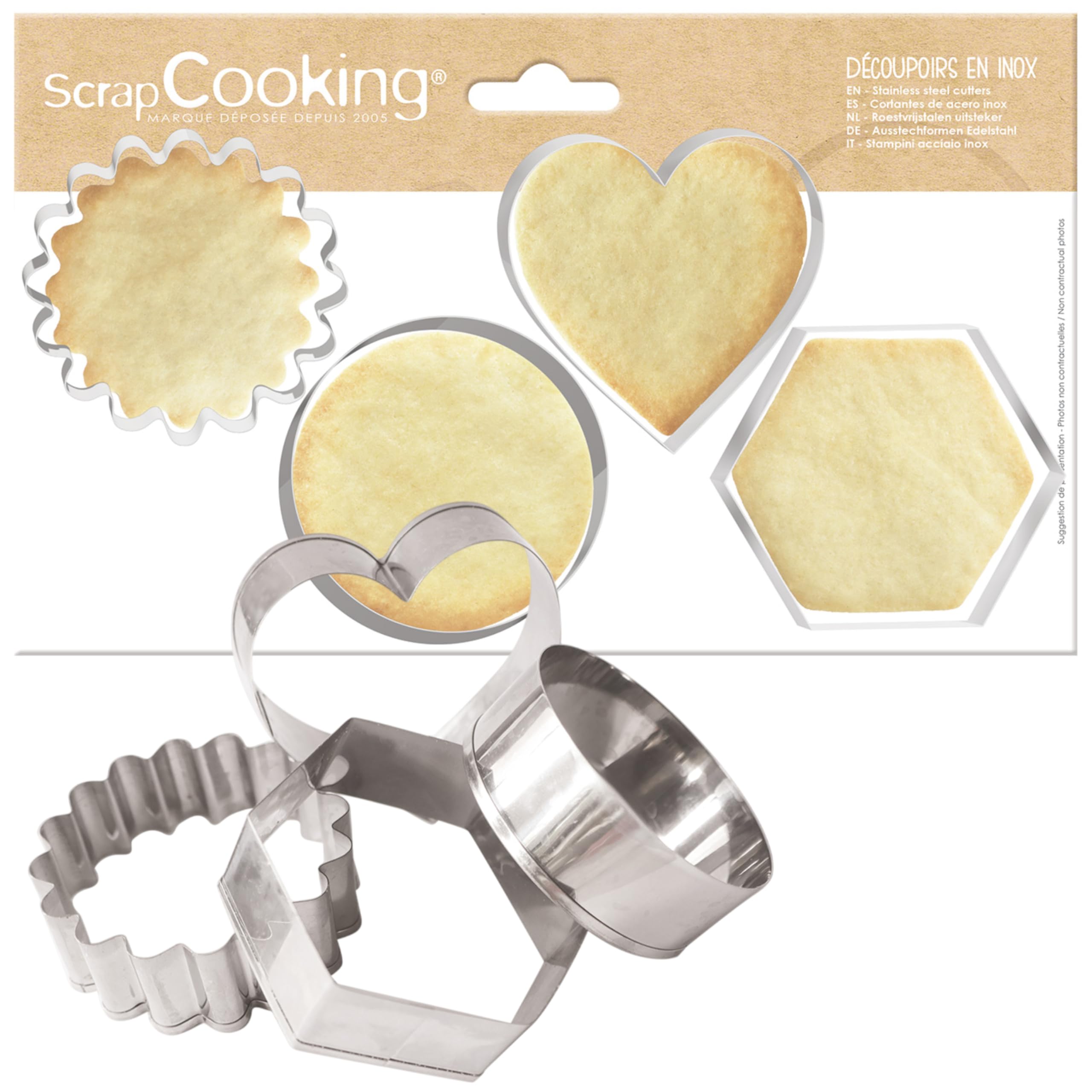 ScrapCooking - 4 Cookie Cutters - Cutters Round, Fluted Round, Hexagonal, Heart - Cookis, Pastry 2064