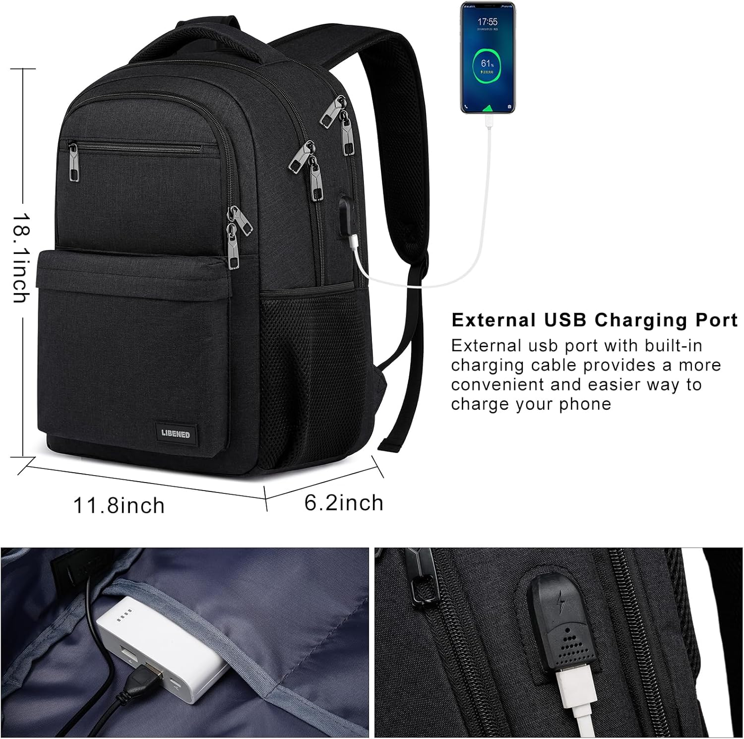 School Backpack for Teen Boys Mens, 15.6 Inch Laptop Backpack with USB Charging Port, Durable College High School Book Bag for Students, Black - Image 4