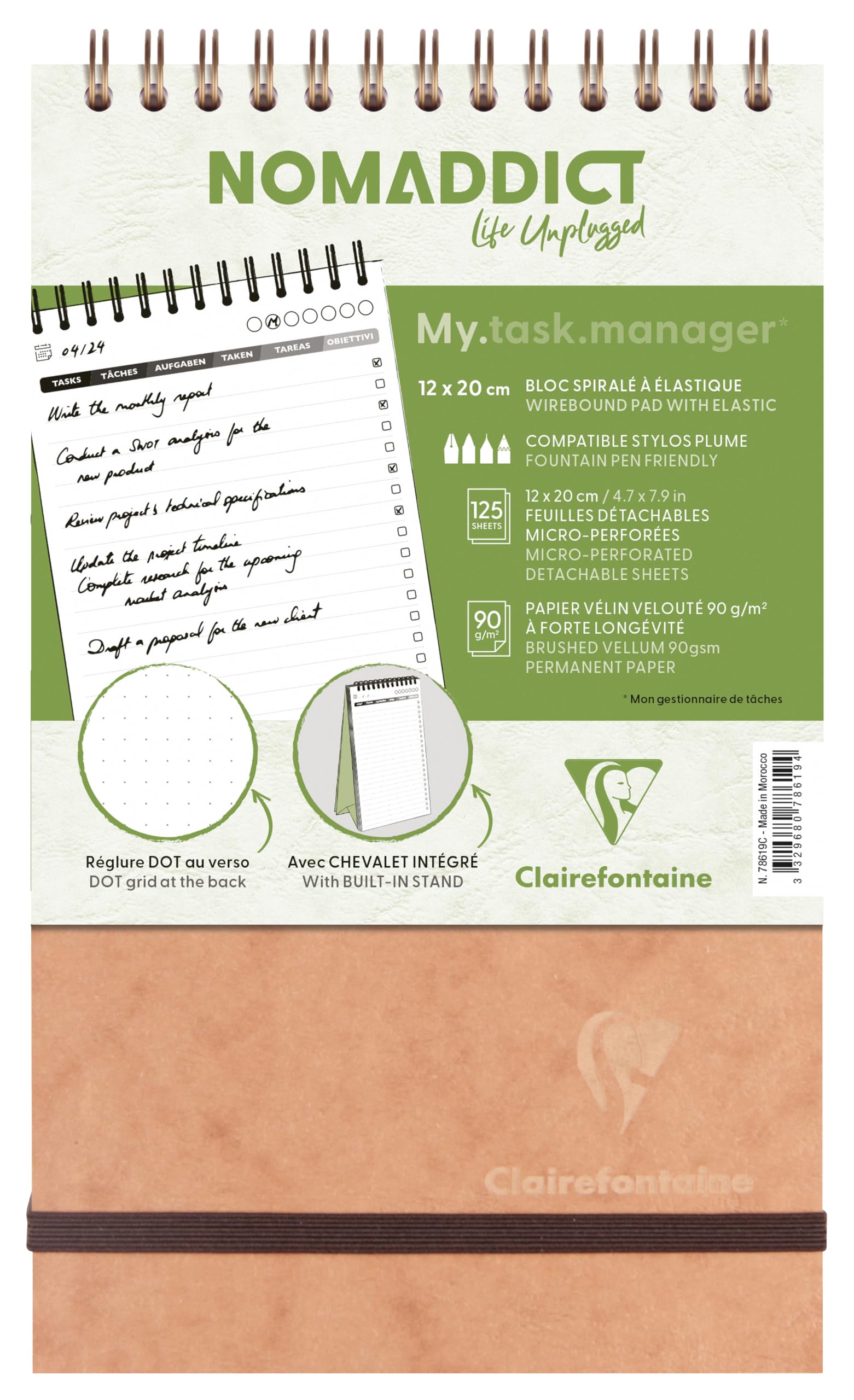 Clairefontaine 78619C Collection Age Bag My.task.manager Tobacco Spiral Pad w/ Integrated Easel A5 14,8x21cm - 250 Pages DOT White Paper 90g - Leather Cover