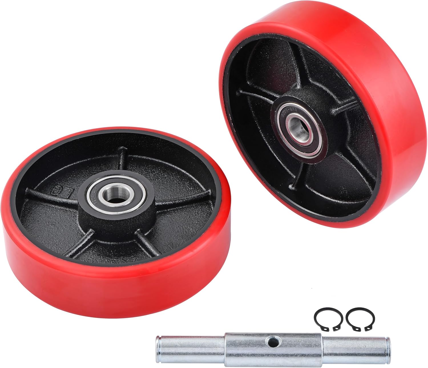 A Pair of Pallet Jack Steering Wheels Set 7 x 2" (180 x 50mm) Poly Tread Red color,with Bearings pre-installed, includes Axle, Fasteners by JackCraft