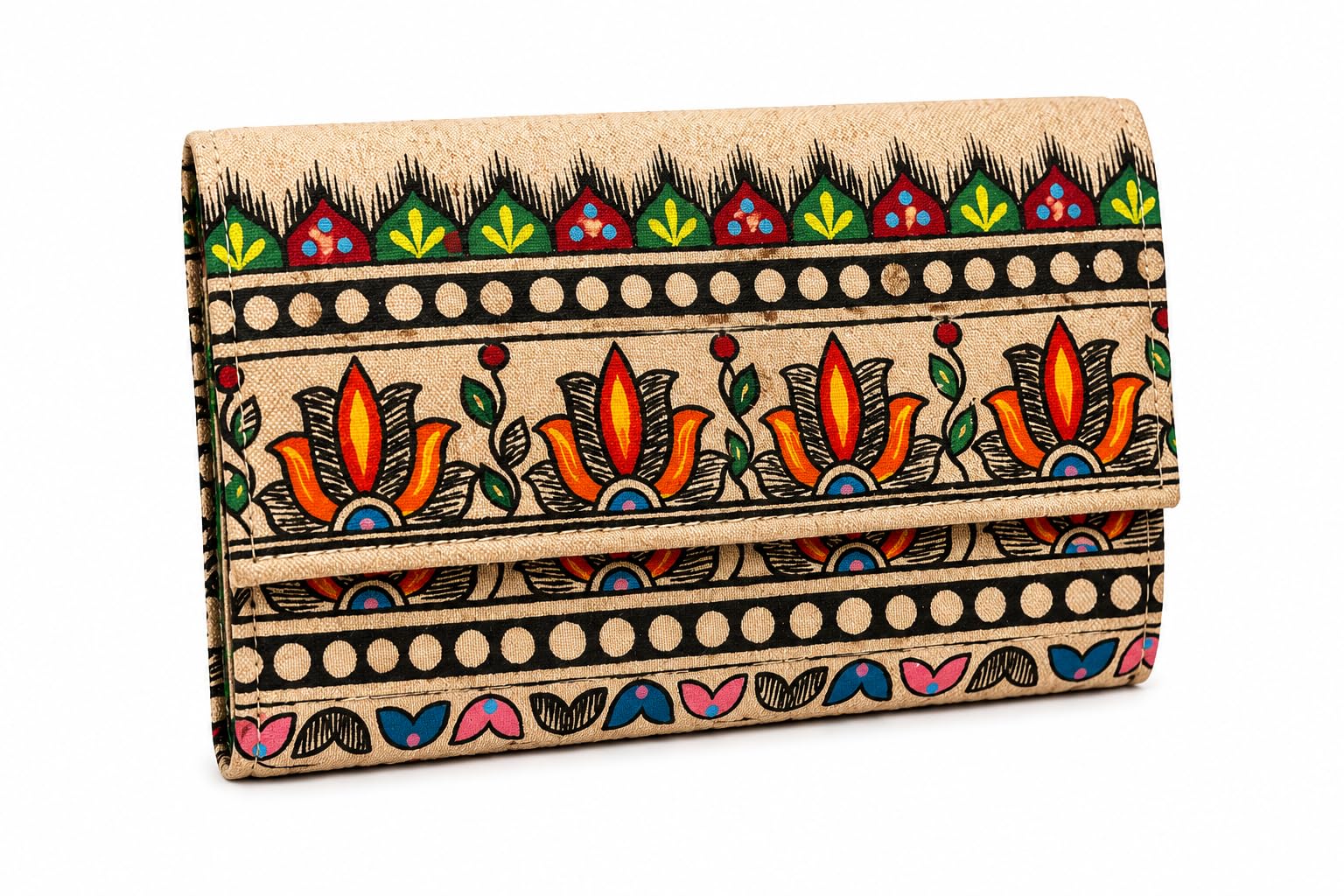 Navyakriti Handmade Mithila Culture Floral Print Women's Wallet Clutch | Ethnic Cotton Canvas Ladies Purse | Traditional Folk Art Fold Wallet with Multiple Compartments-image-49