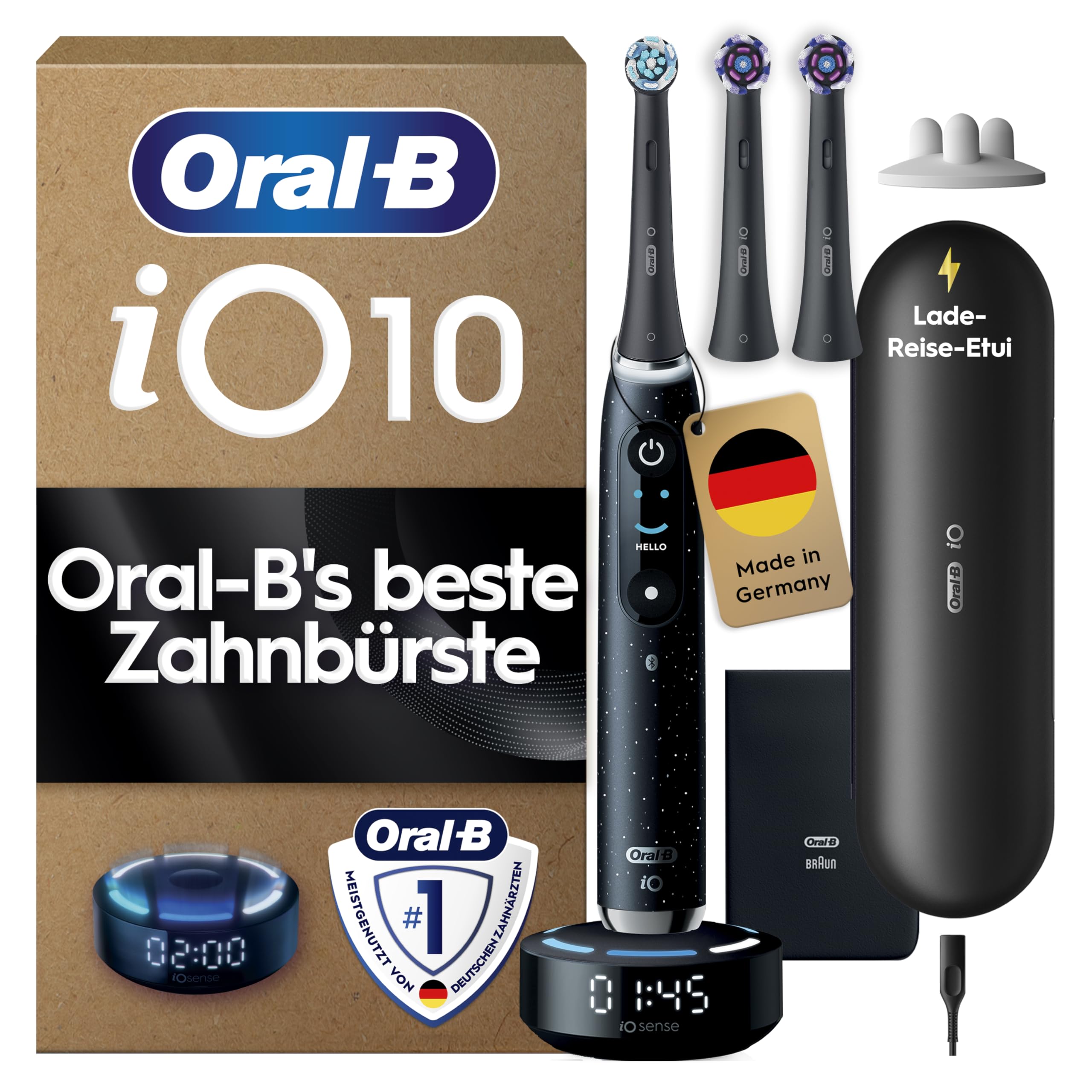 Oral-B iO Series 10 Elektrische Zahnbürste — Electric Toothbrush, Inkl. 3 Aufsteckbürsten, iOSense, Lade-Reise-Etui — 7 Putzmodi für Zahnpflege, Zahnbürste Elektrisch, Designed by Braun, Schwarz