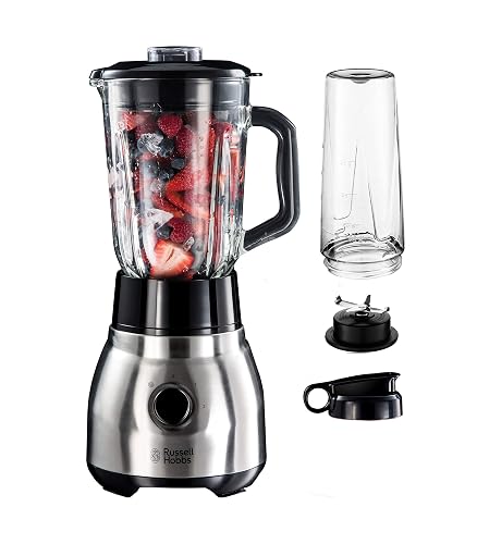 Russell Hobbs Standmixer 2-in-1 [1,5l Glasbehälter Mixer & 0,6l Mini Smoothie Maker -to-go-Trinkflasche inkl. Deckel] Spülmaschinenfest, Impuls-/Ice-Crush Funktion, Becher BPA frei, Edelstahl 23821-56
