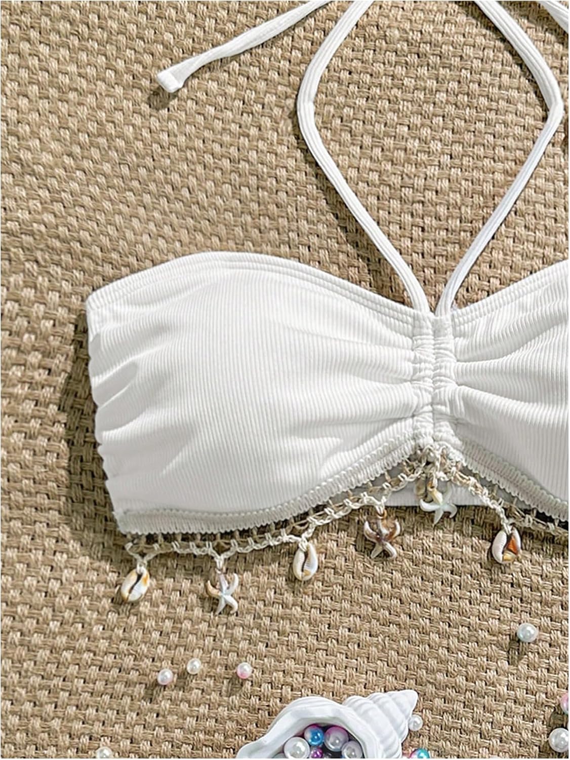 Milumia Women's Boho Seashell Halter Bikini Top Ruched Tie Backless Swimsuit Bathing Suit Tops