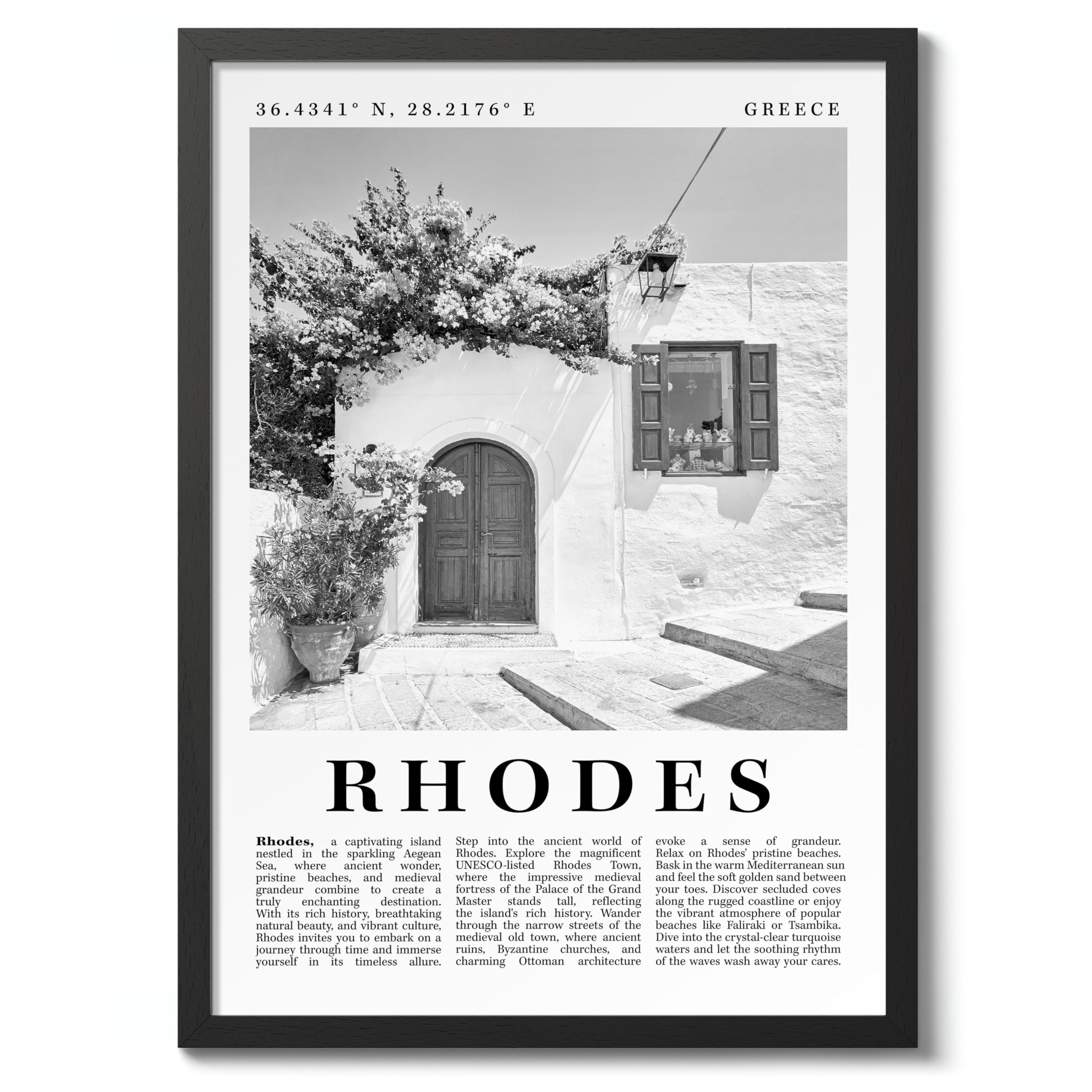 Rhodes - Greece Travel Poster, Black & White Print, City Landmark. Modern Home Wall Decor For Living Room Bedroom, Archival Matte, A5 (Black Frame) - 21x14.8cm