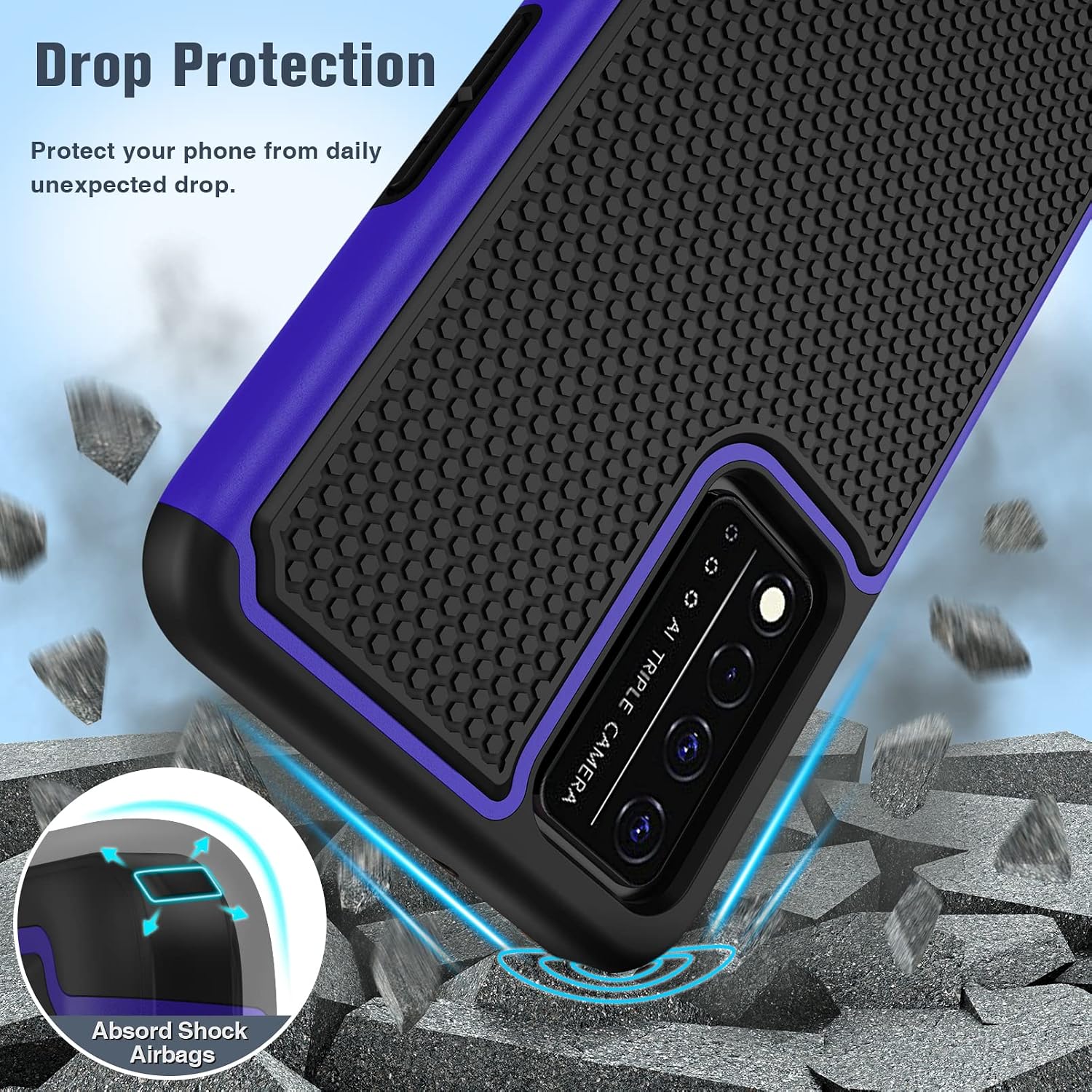 JXVM for T-Mobile REVVL V+ 5G Case: Dual Layer Protective Heavy Duty Cell Phone Cover Shockproof Rugged with Non Slip Textured Back - Military Protection Bumper - 6.82inch (Black Blue)