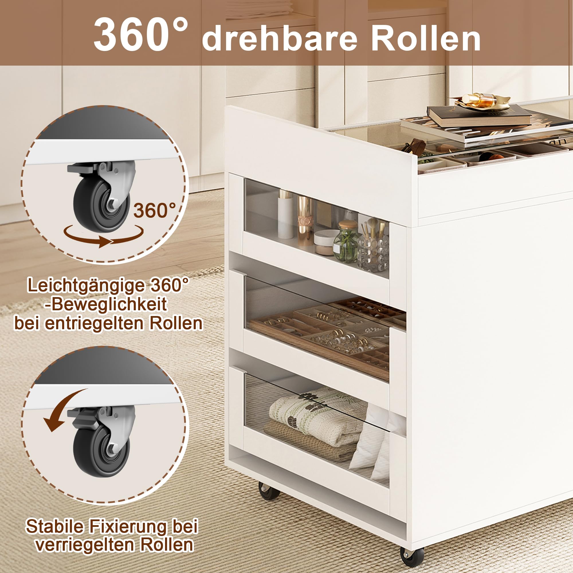 Aparador blanco, aparador para salón, armario de cocina, armario de bufé, con 5 cajones, compartimentos, equipado con ruedas, para salón, comedor, 110 × 60 × 79 cm