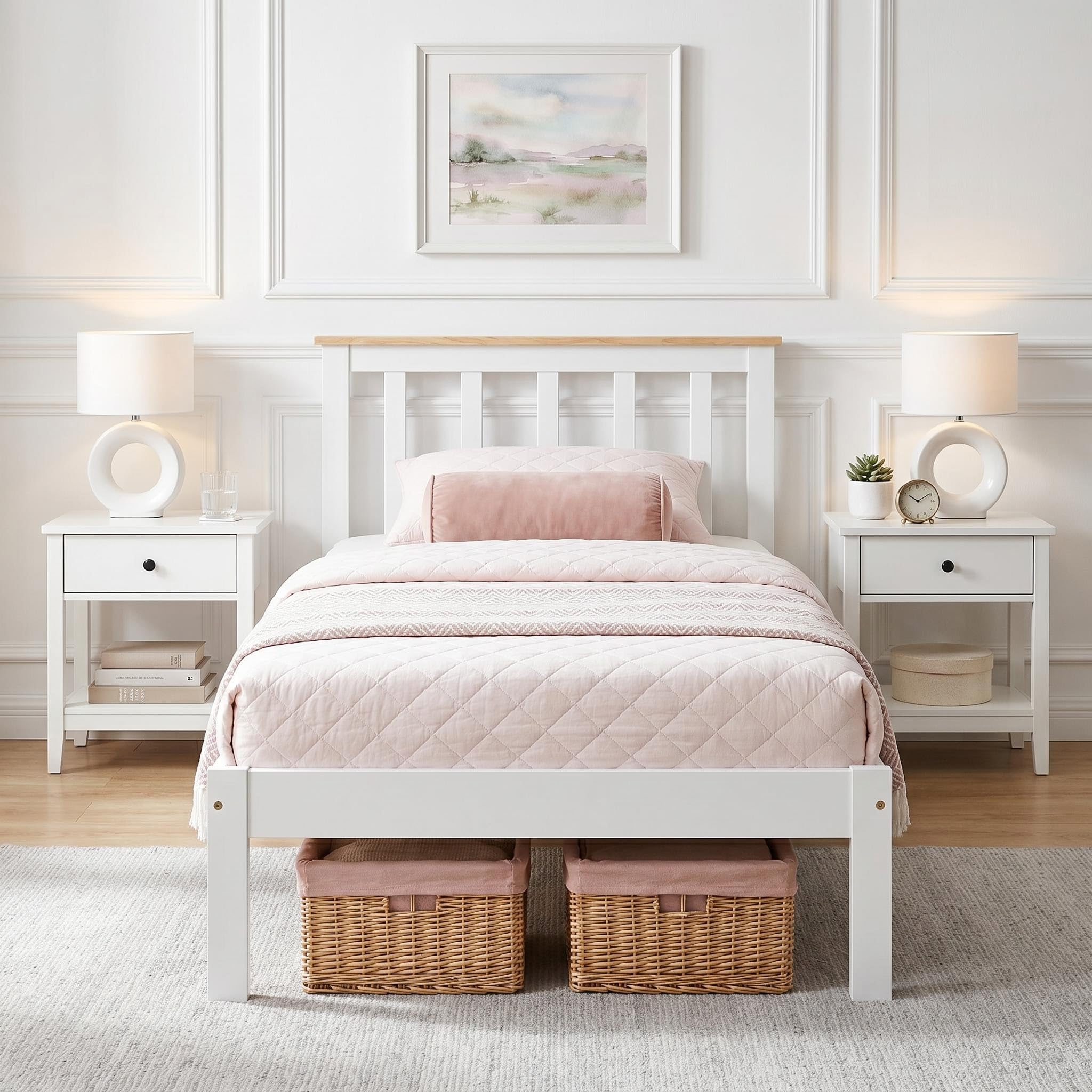 Panana Solid Pine Wood Single Bed Frame 3FT Wooden Bed for Adults, Kids, Teenager, White+Wood, 90 * 190cm — image 1