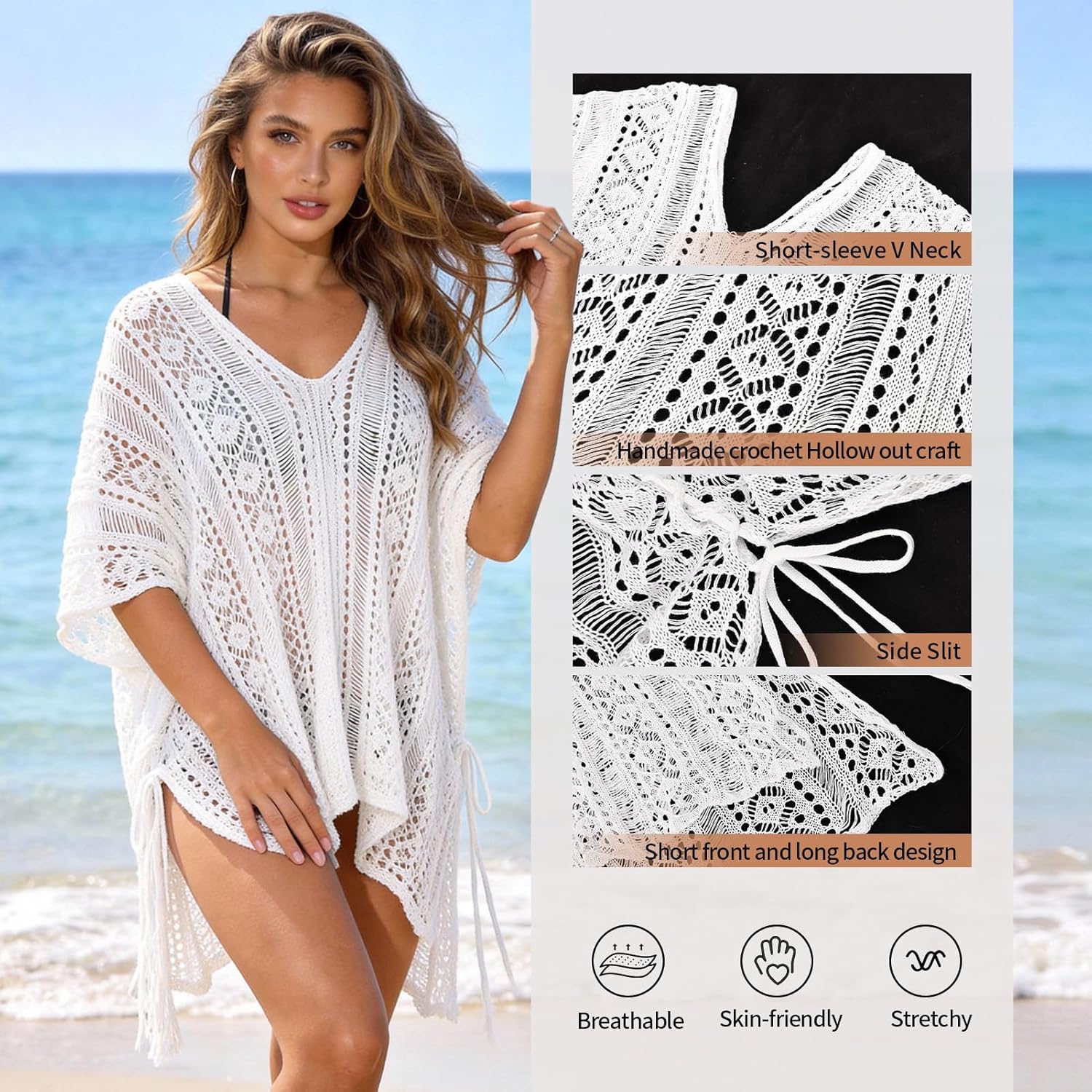 Swimwear Cover Up for Women,V-Neck Summer Beach Swimsuit for Pool,Sea,Party(Knit or Lace Bathing Suit CoverUp) - Image 2